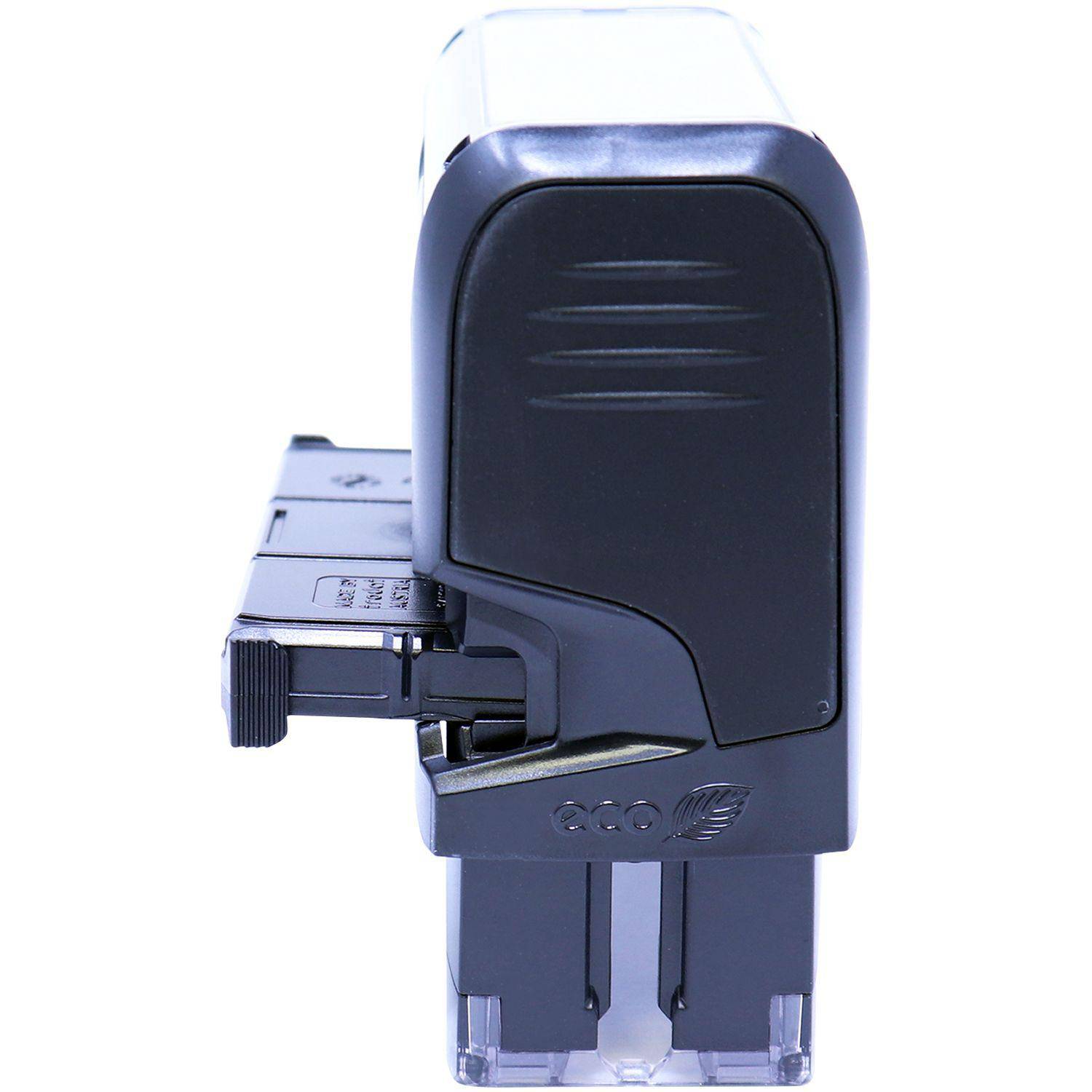A black Large Self Inking Change Of Address Stamp with a sleek design, featuring an eco-friendly logo on the side. The stamp is shown in a closed position, ready for use.