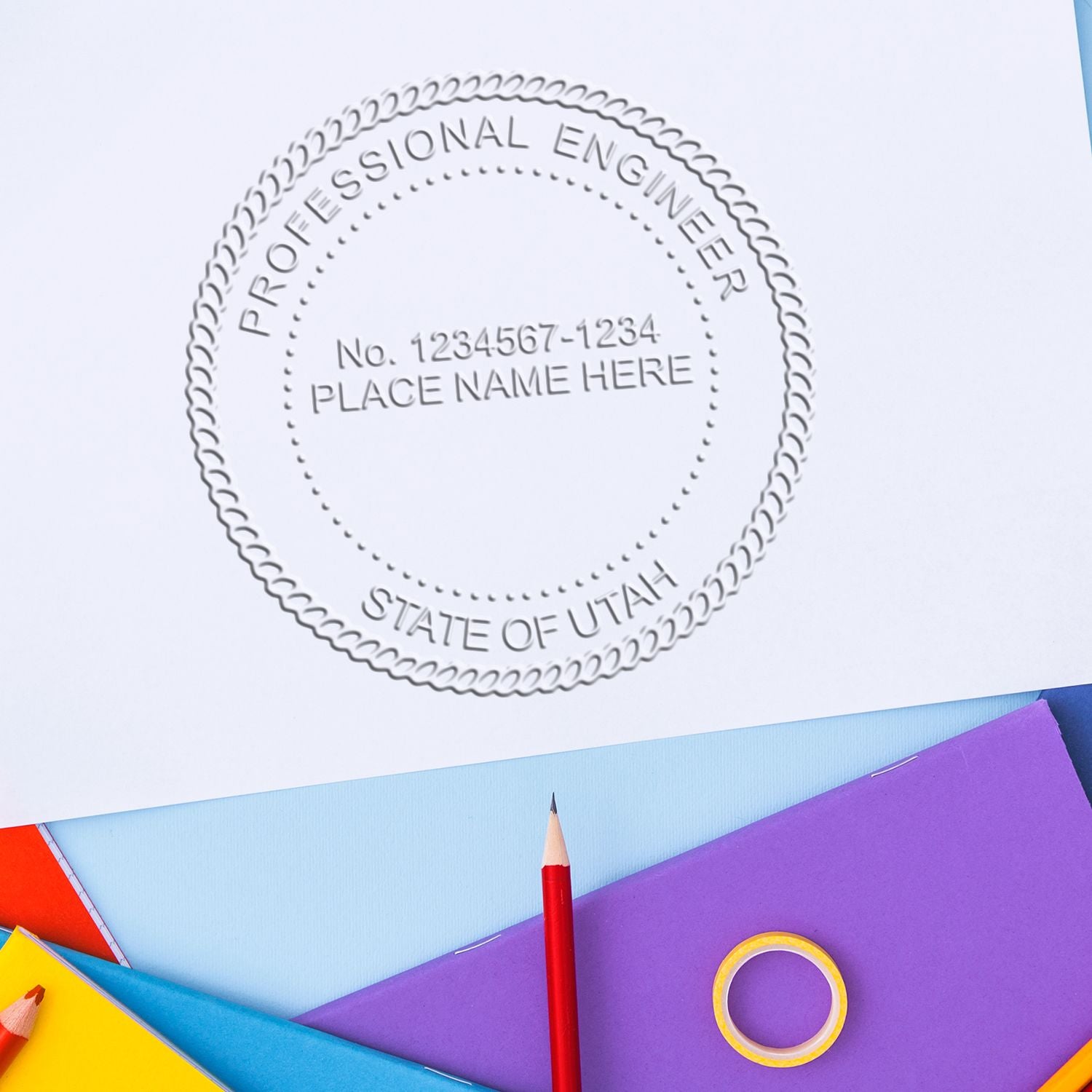 A stamped impression of the Long Reach Utah PE Seal in this stylish lifestyle photo, setting the tone for a unique and personalized product.
