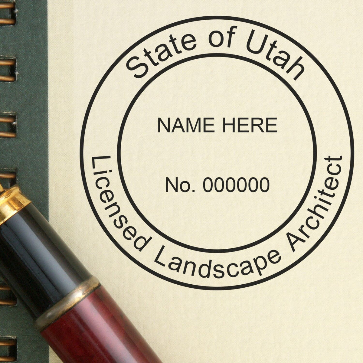 A lifestyle photo showing a stamped image of the Utah Landscape Architectural Seal Stamp on a piece of paper