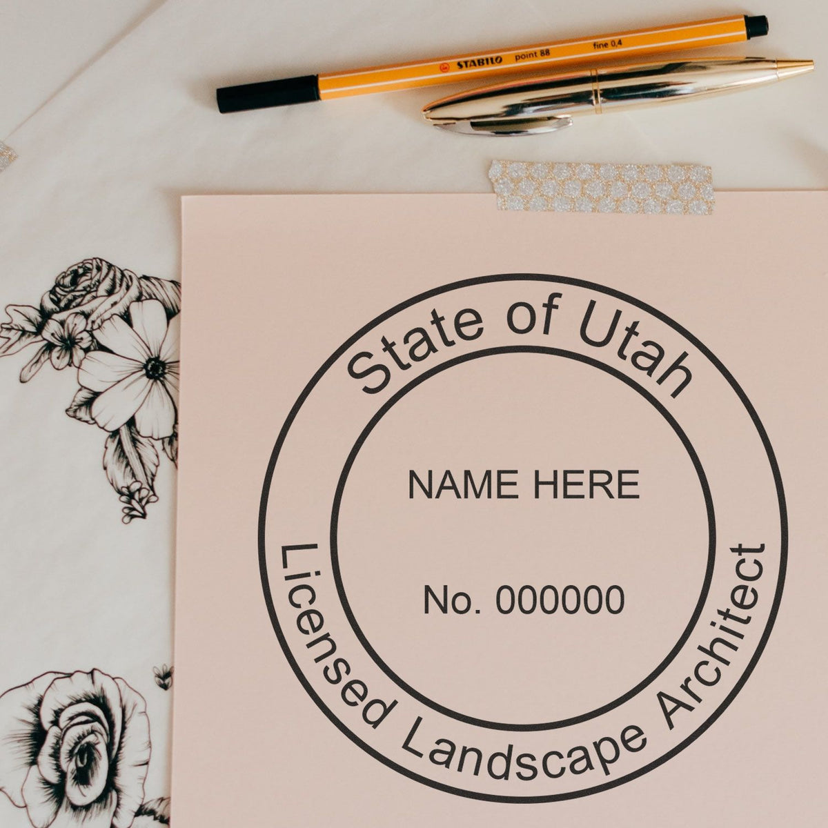 An alternative view of the Slim Pre-Inked Utah Landscape Architect Seal Stamp stamped on a sheet of paper showing the image in use