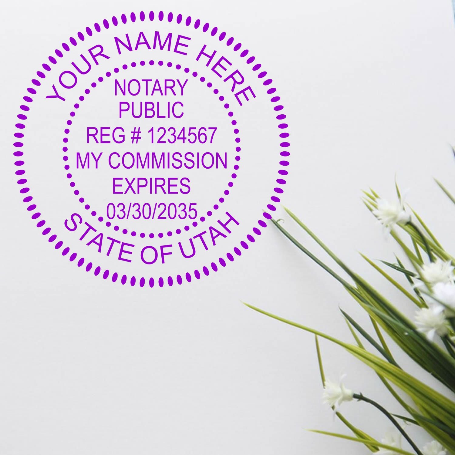 The Heavy-Duty Round Utah Notary Stamp stamp impression comes to life with a crisp, detailed photo on paper - showcasing true professional quality.