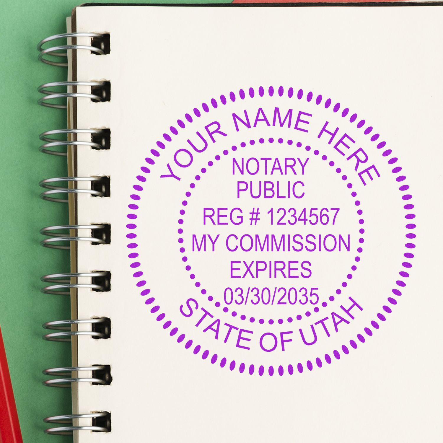 A photograph of the Premium Pre-Inked Utah MaxLight Notary Public Stamp stamp impression reveals a vivid, professional image of the on paper.
