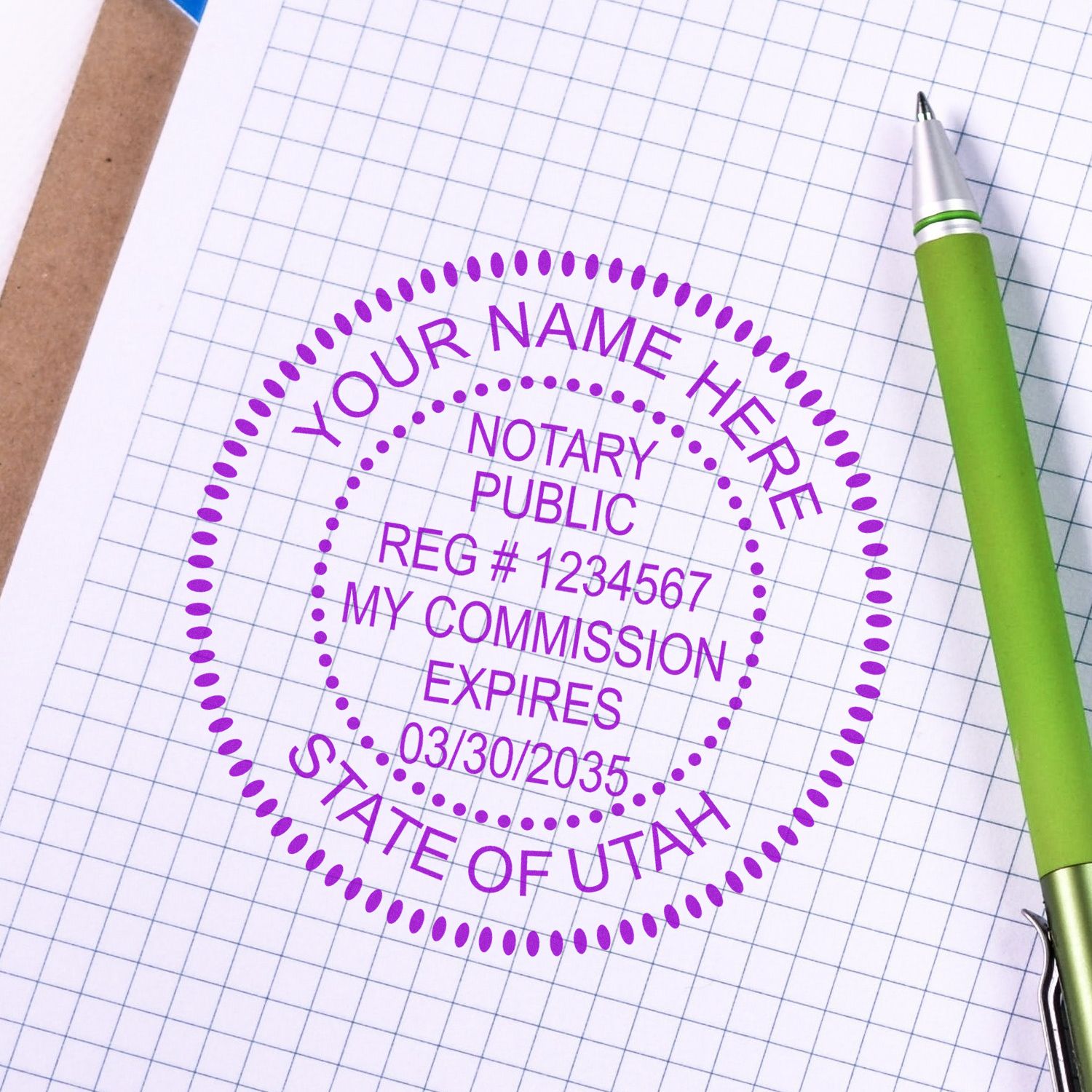 A lifestyle photo showing a stamped image of the Premium Pre-Inked Utah MaxLight Notary Public Stamp on a piece of paper