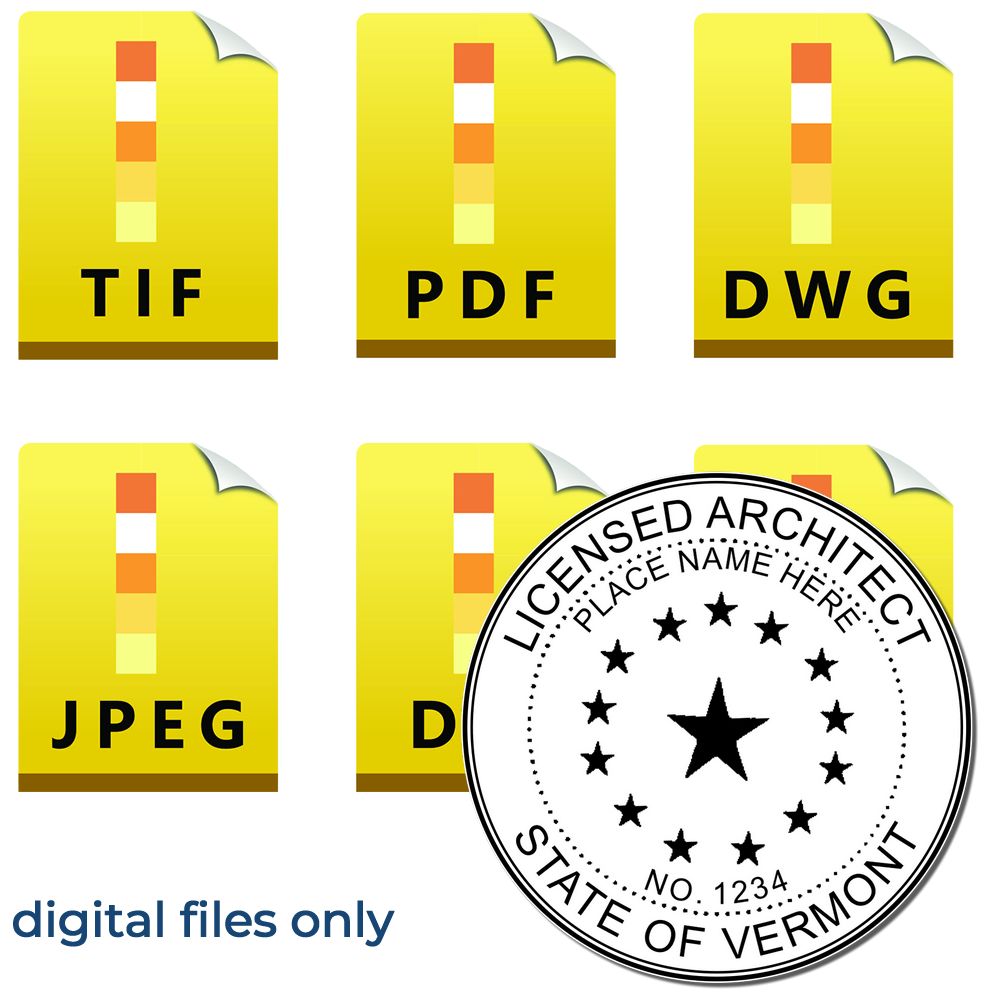 Digital Vermont Architect Stamp, Electronic Seal for Vermont Architect, shown with file format icons: TIF, PDF, DWG, JPEG, DWF.