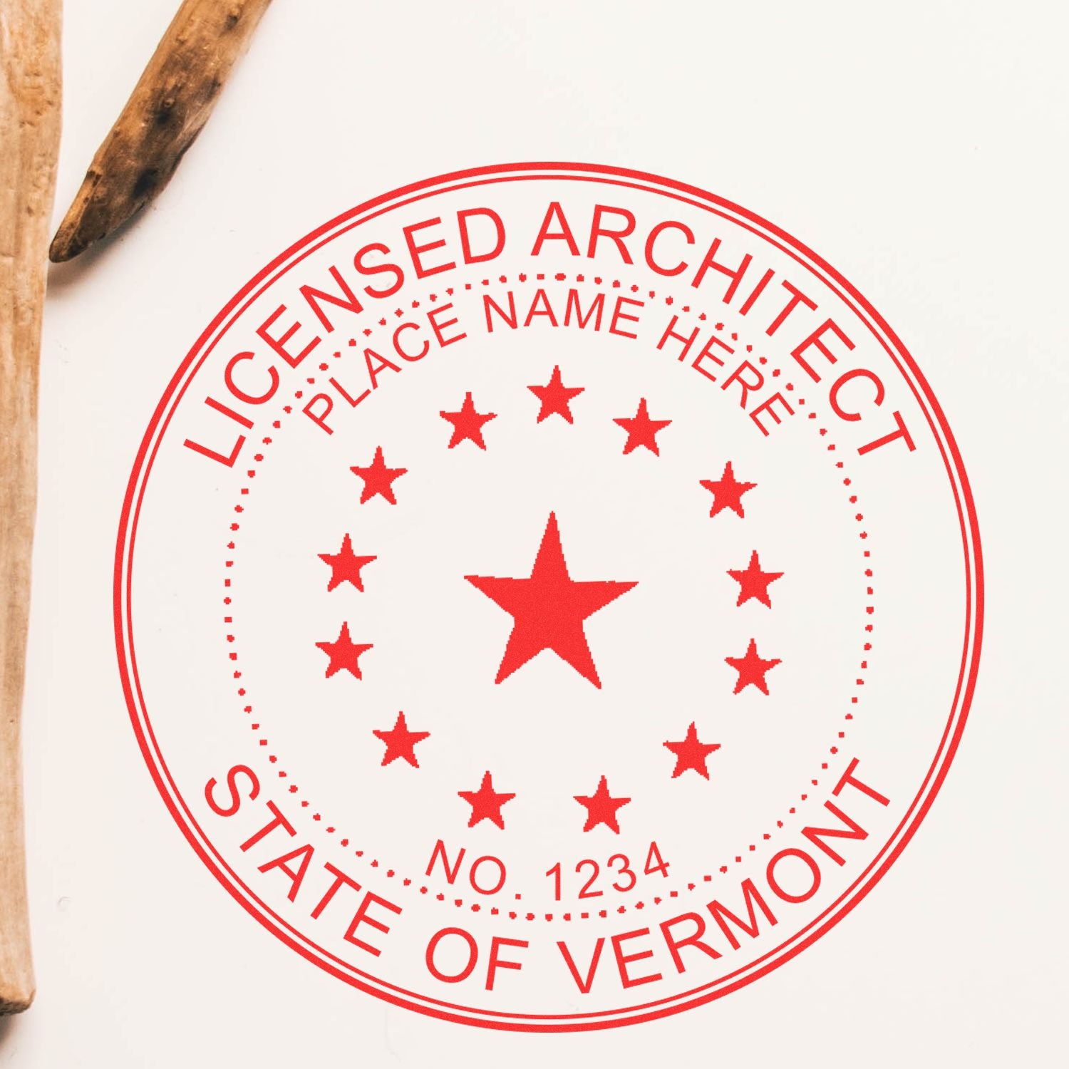 Red Premium MaxLight Pre-Inked Vermont Architectural Stamp with a central star, surrounded by smaller stars and text for licensed architects.