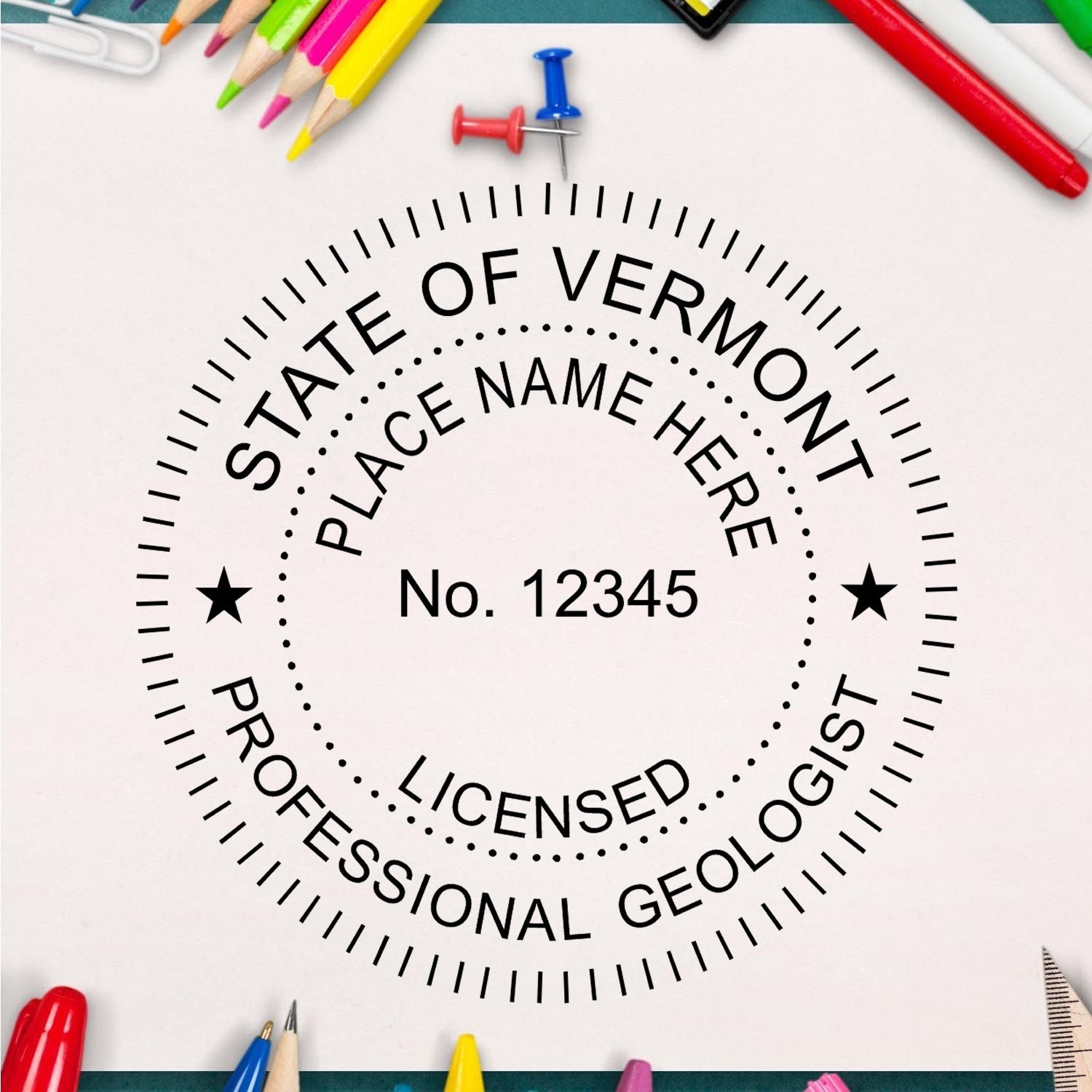 This paper is stamped with a sample imprint of the Premium MaxLight Pre-Inked Vermont Geology Stamp, signifying its quality and reliability.