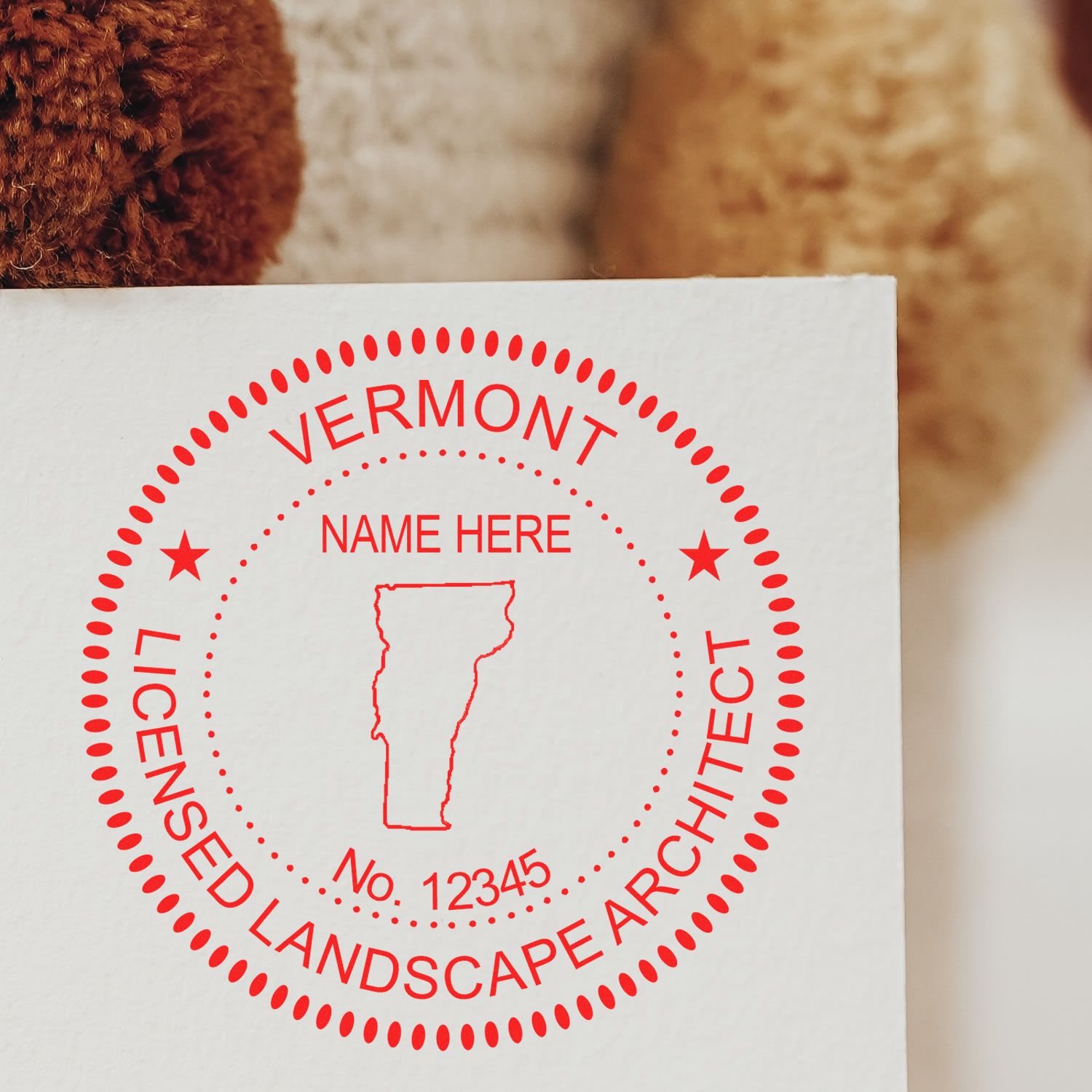 The Vermont Landscape Architectural Seal Stamp stamp impression comes to life with a crisp, detailed photo on paper - showcasing true professional quality.