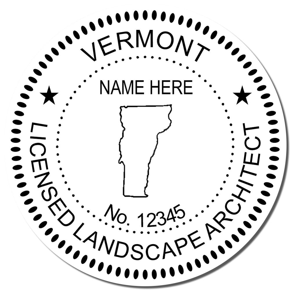 The main image for the Slim Pre-Inked Vermont Landscape Architect Seal Stamp depicting a sample of the imprint and electronic files