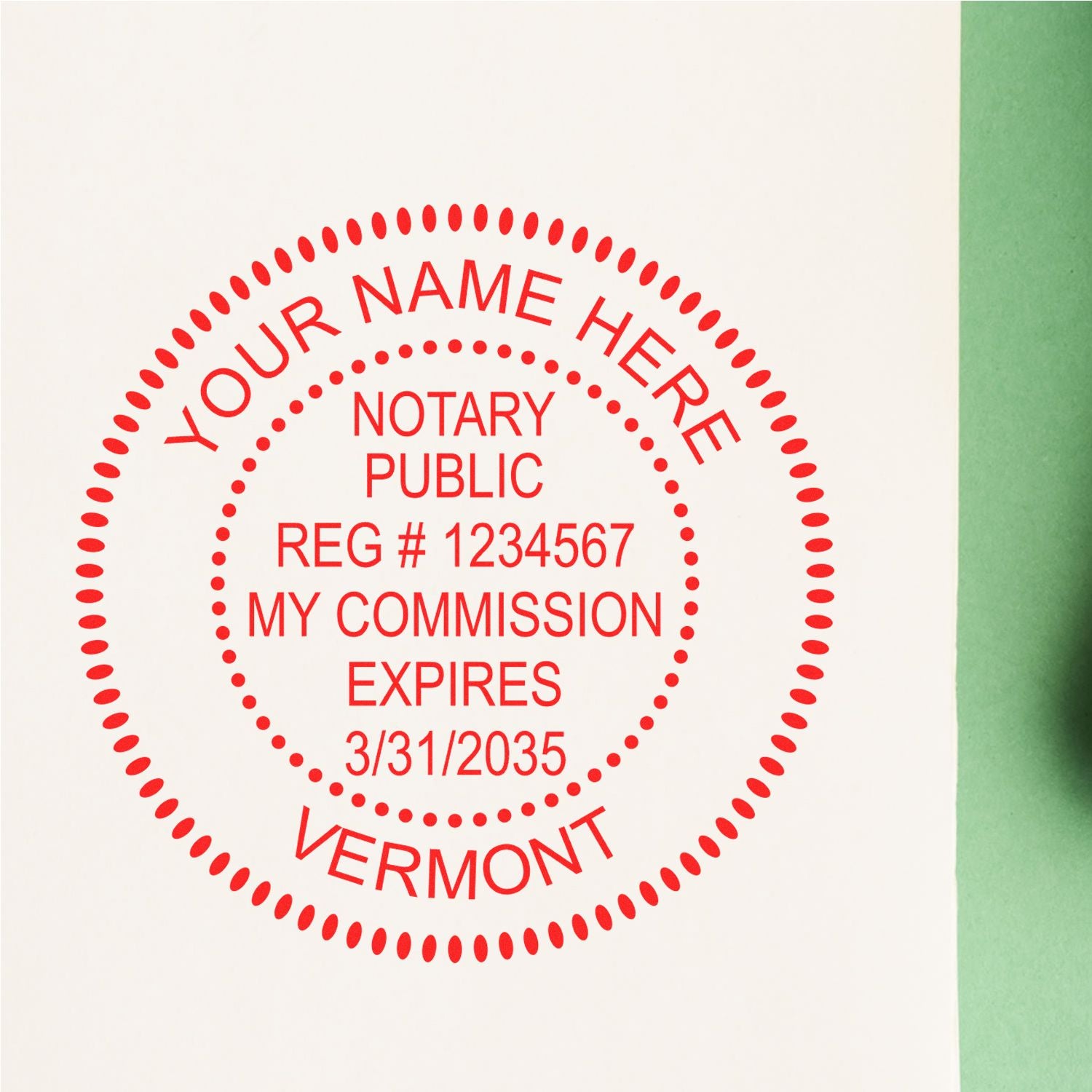 A stamped impression of the Slim Pre-Inked Round Notary Stamp for Vermont in this stylish lifestyle photo, setting the tone for a unique and personalized product.