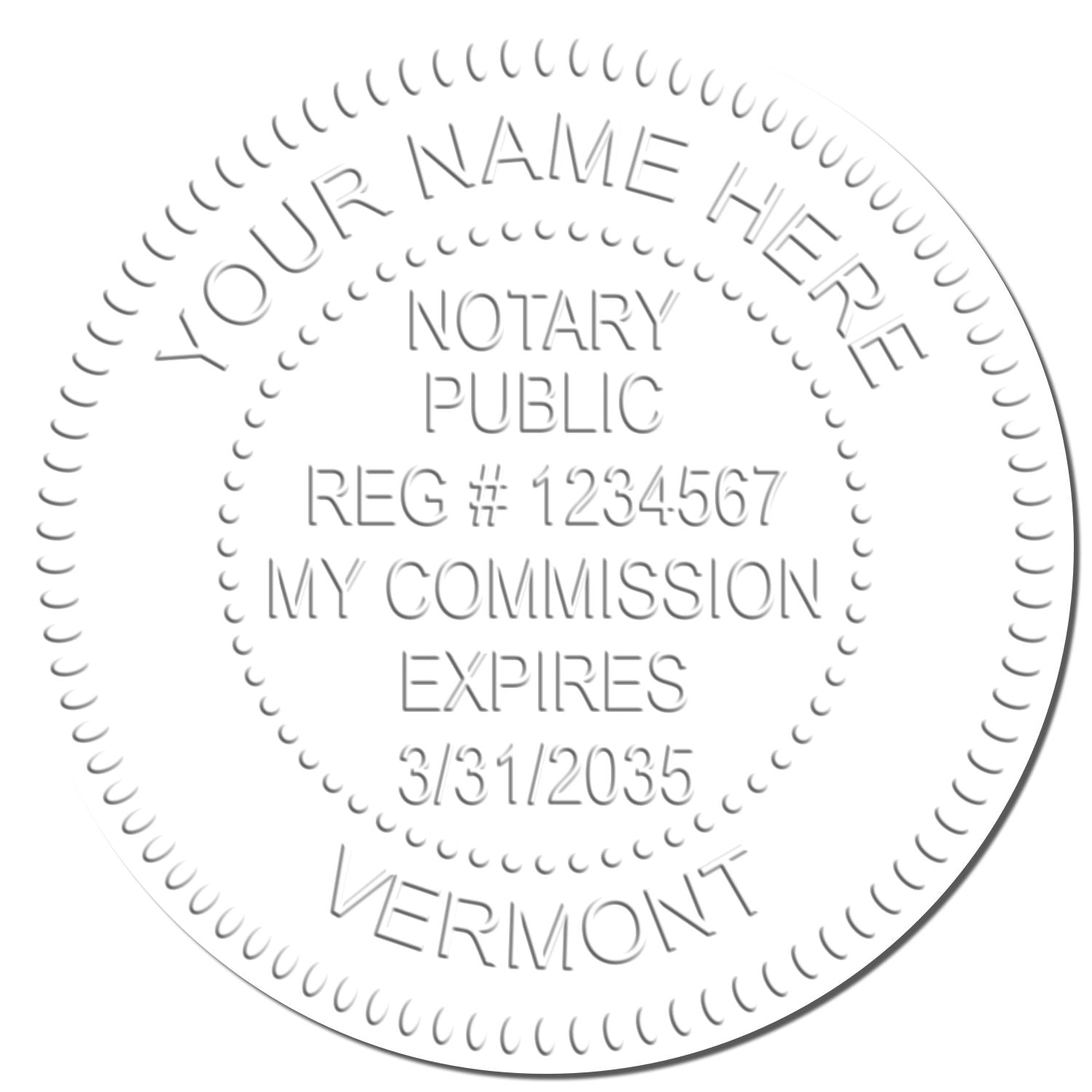 This paper is stamped with a sample imprint of the Vermont Handheld Notary Seal Embosser, signifying its quality and reliability.