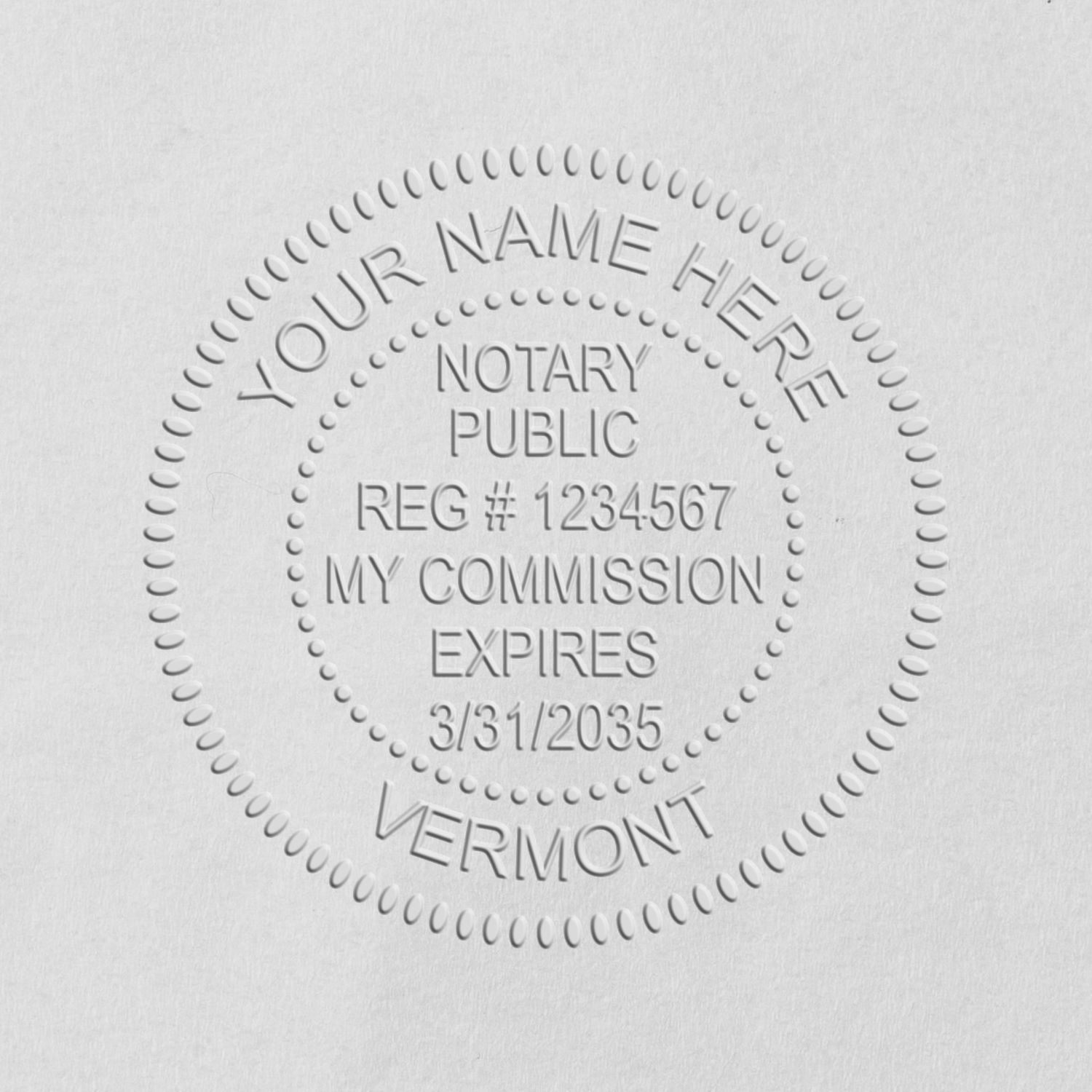 Soft Seal Vermont Notary Seal in use photo showing a stamped imprint of the Soft Seal Vermont Notary Seal