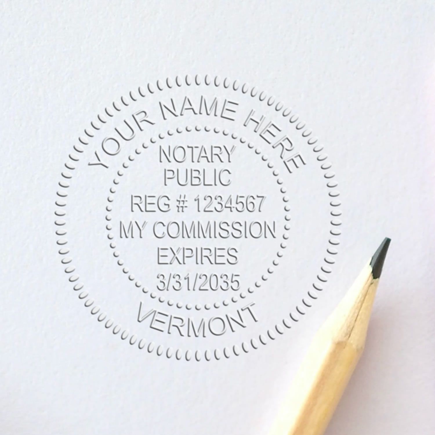 A lifestyle photo showing a stamped image of the Soft Seal Vermont Notary Seal on a piece of paper