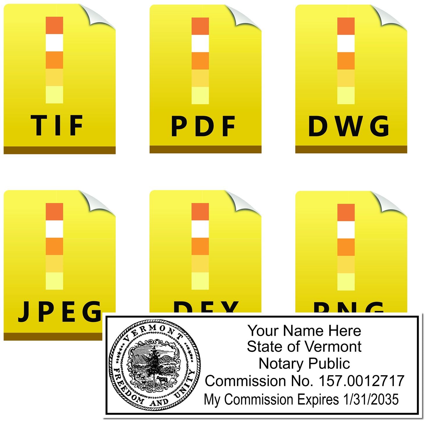 The main image for the Vermont Rectangular Digital Notary Seal depicting a sample of the imprint and electronic files