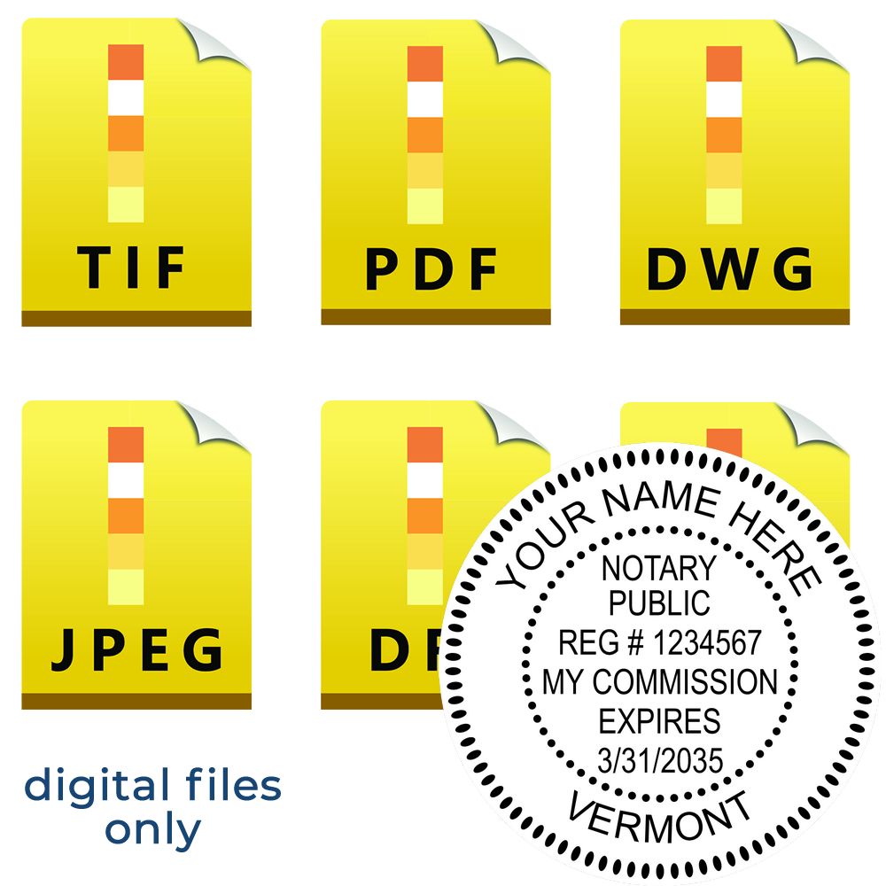 The main image for the Vermont Round Electronic Notary Stamp depicting a sample of the imprint and electronic files