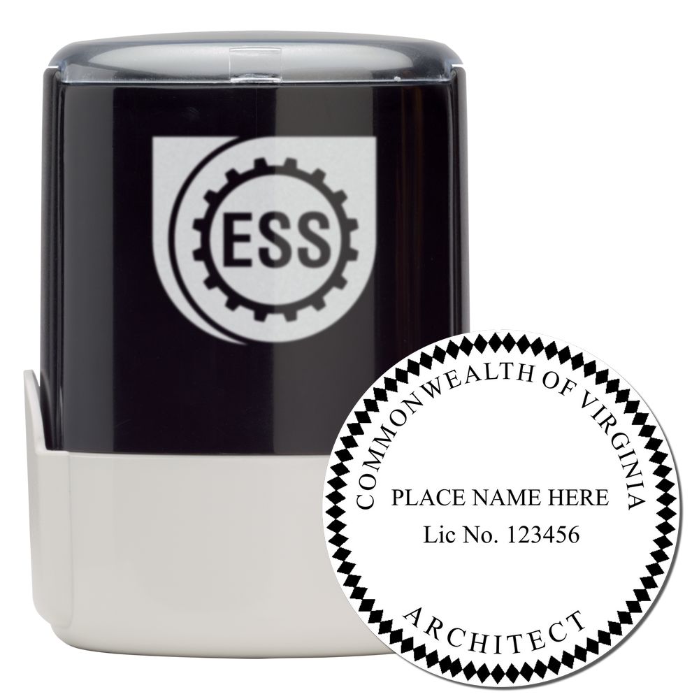 Self Inking Virginia Architect Stamp with a black and white design, featuring ESS logo and customizable text for name and license number.