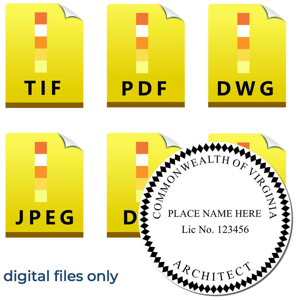 Digital Virginia Architect Stamp, Electronic Seal for Virginia Architect, available in TIF, PDF, DWG, JPEG, and DXF formats.