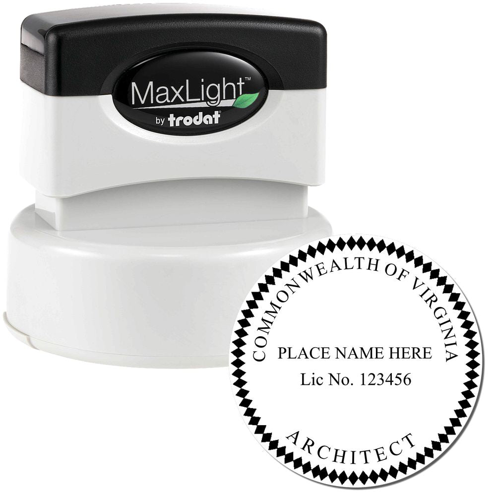 Image of a Premium MaxLight Pre-Inked Virginia Architectural Stamp with a round imprint showing "COMMONWEALTH OF VIRGINIA" and "ARCHITECT."