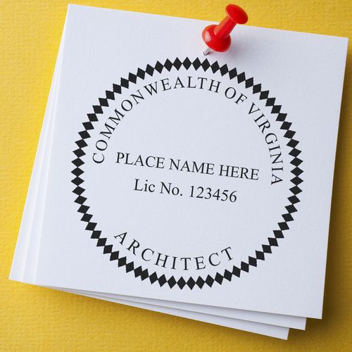Virginia Architect Seal Stamp on white paper with a red pushpin, displaying Commonwealth of Virginia Architect and placeholder text for name and license.