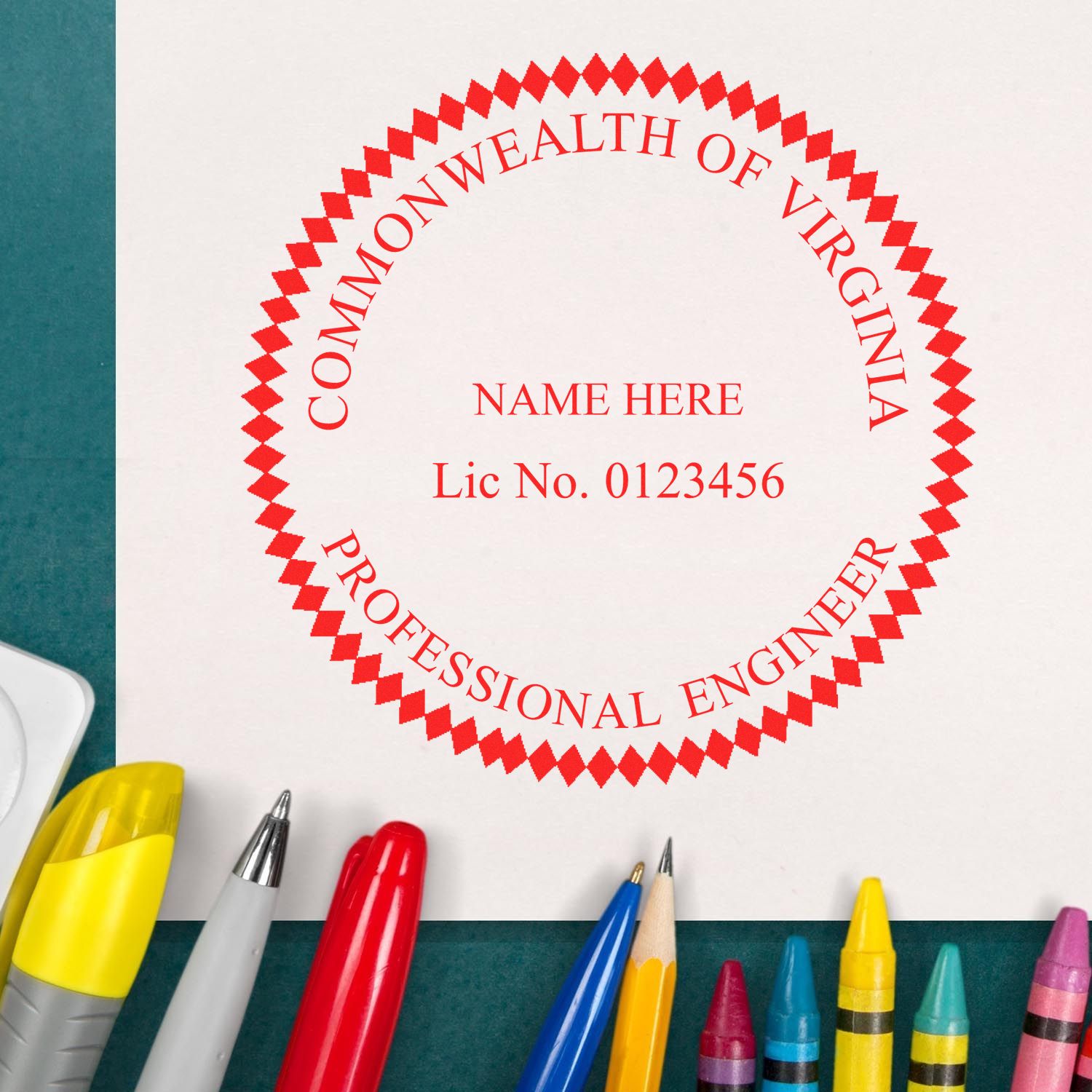 A lifestyle photo showing a stamped image of the Virginia Professional Engineer Seal Stamp on a piece of paper