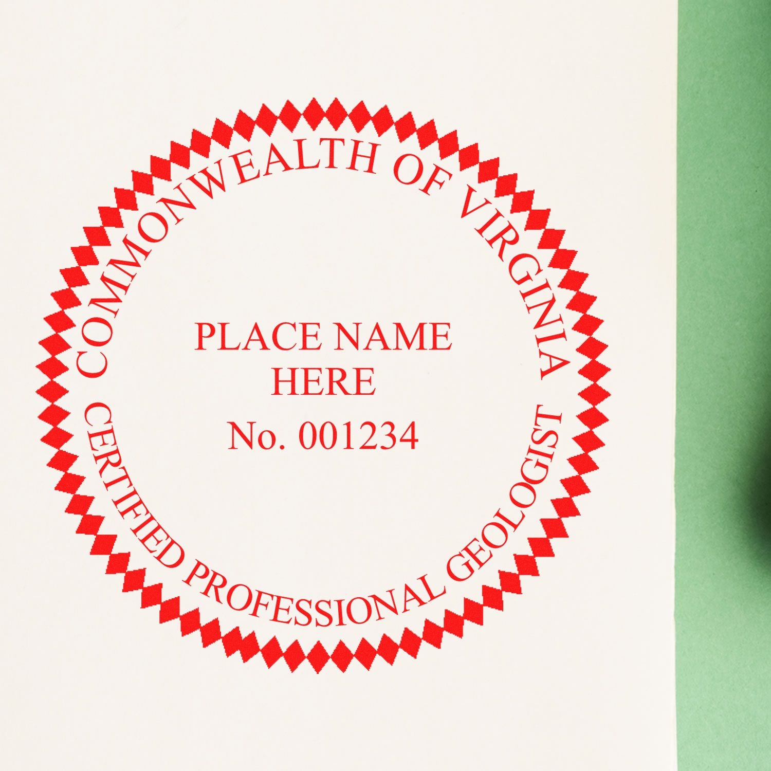 An in use photo of the Slim Pre-Inked Virginia Professional Geologist Seal Stamp showing a sample imprint on a cardstock