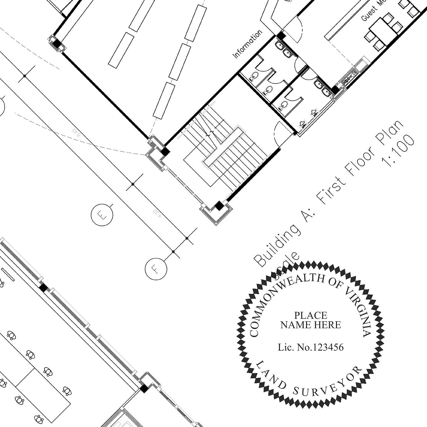 Self Inking Virginia Land Surveyor Stamp used on a detailed architectural floor plan, showing clear and precise stamp impression.