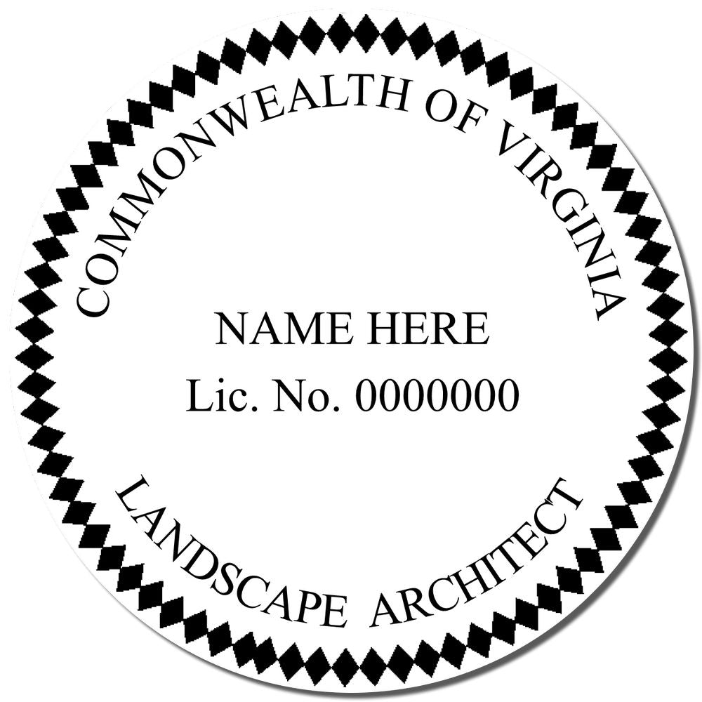 A lifestyle photo showing a stamped image of the Slim Pre-Inked Virginia Landscape Architect Seal Stamp on a piece of paper