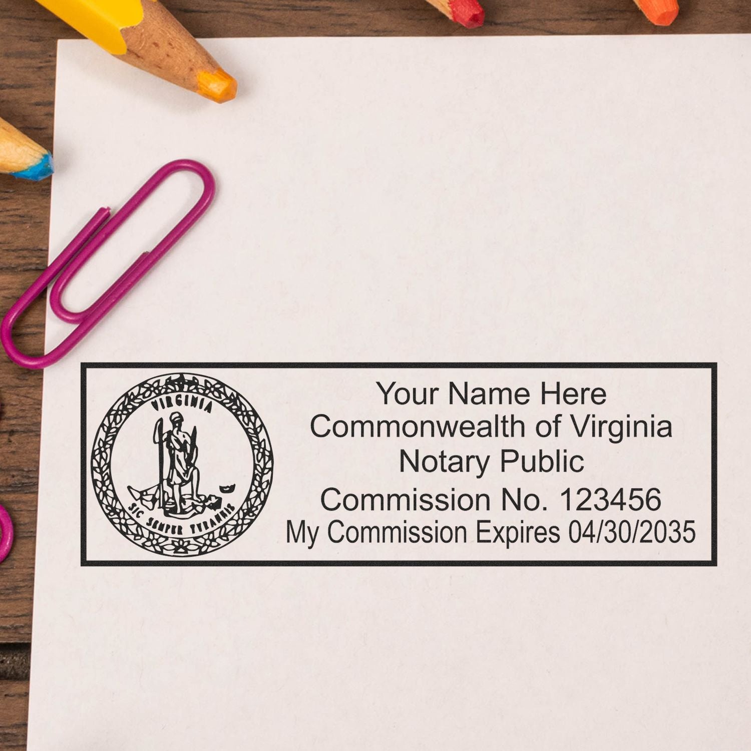 The main image for the Wooden Handle Virginia State Seal Notary Public Stamp depicting a sample of the imprint and electronic files