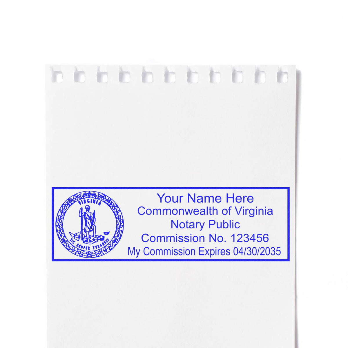 An alternative view of the Heavy-Duty Virginia Rectangular Notary Stamp stamped on a sheet of paper showing the image in use