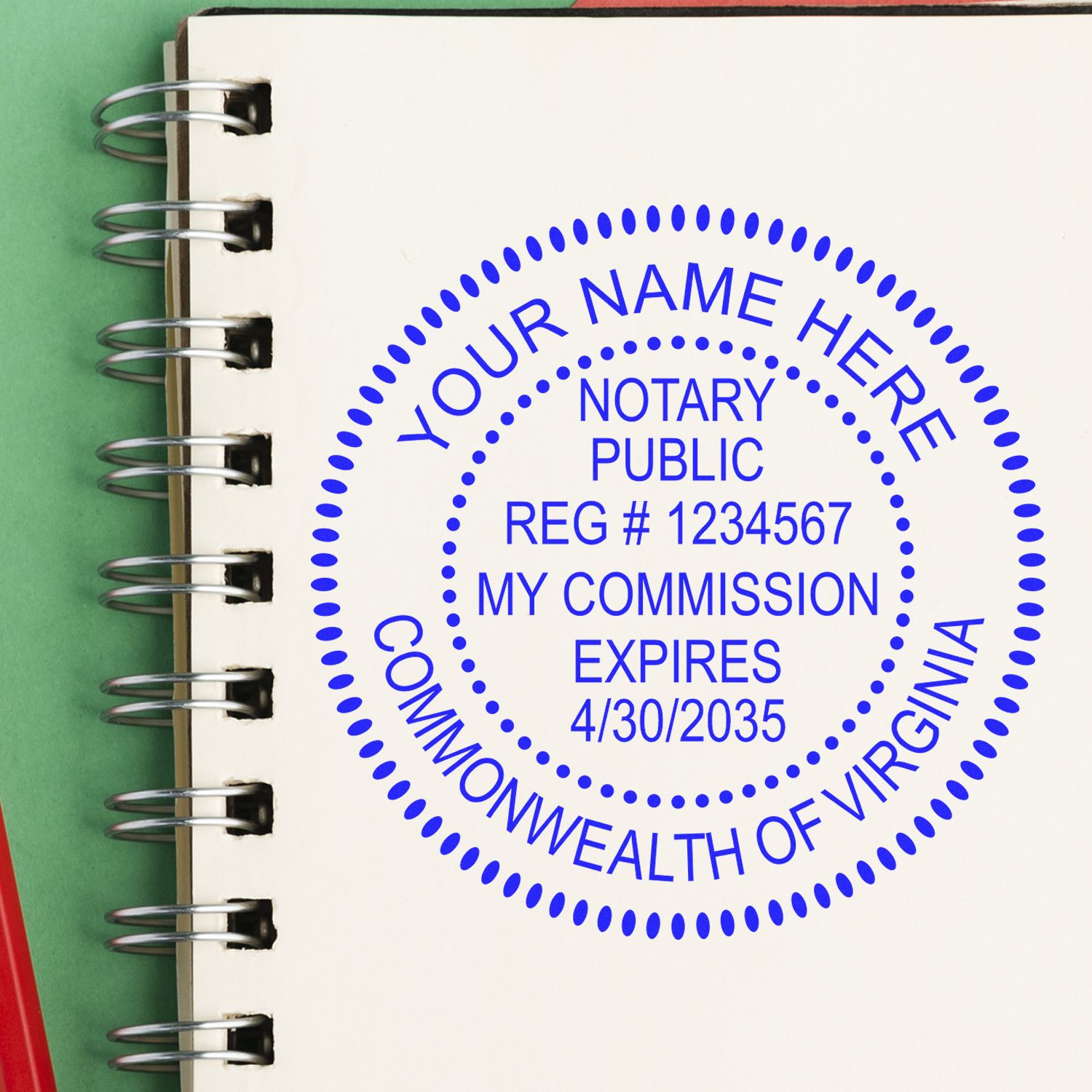 This paper is stamped with a sample imprint of the Round Virginia Notary Public Seal Stamp, signifying its quality and reliability.