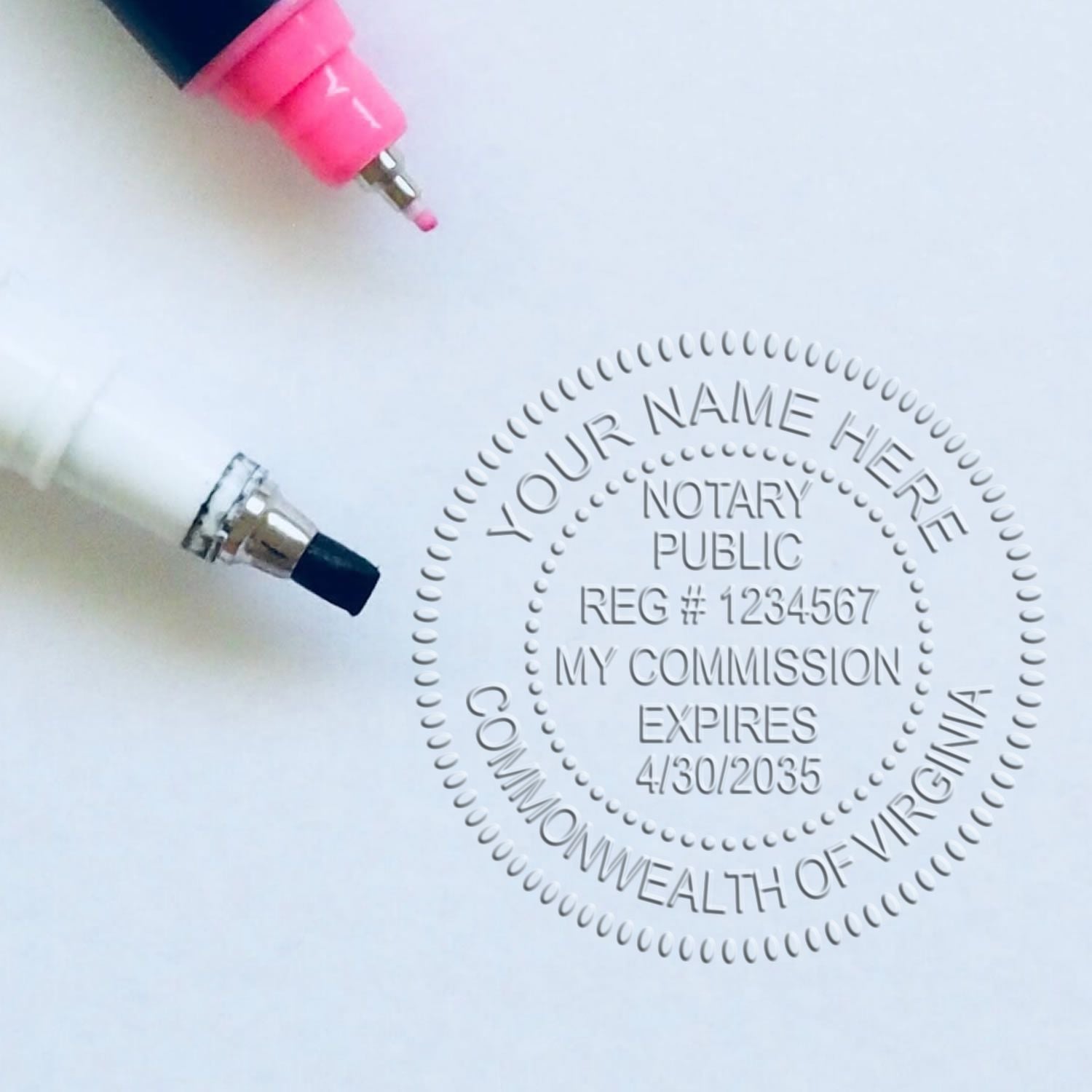 A stamped impression of the Virginia Handheld Notary Seal Embosser in this stylish lifestyle photo, setting the tone for a unique and personalized product.