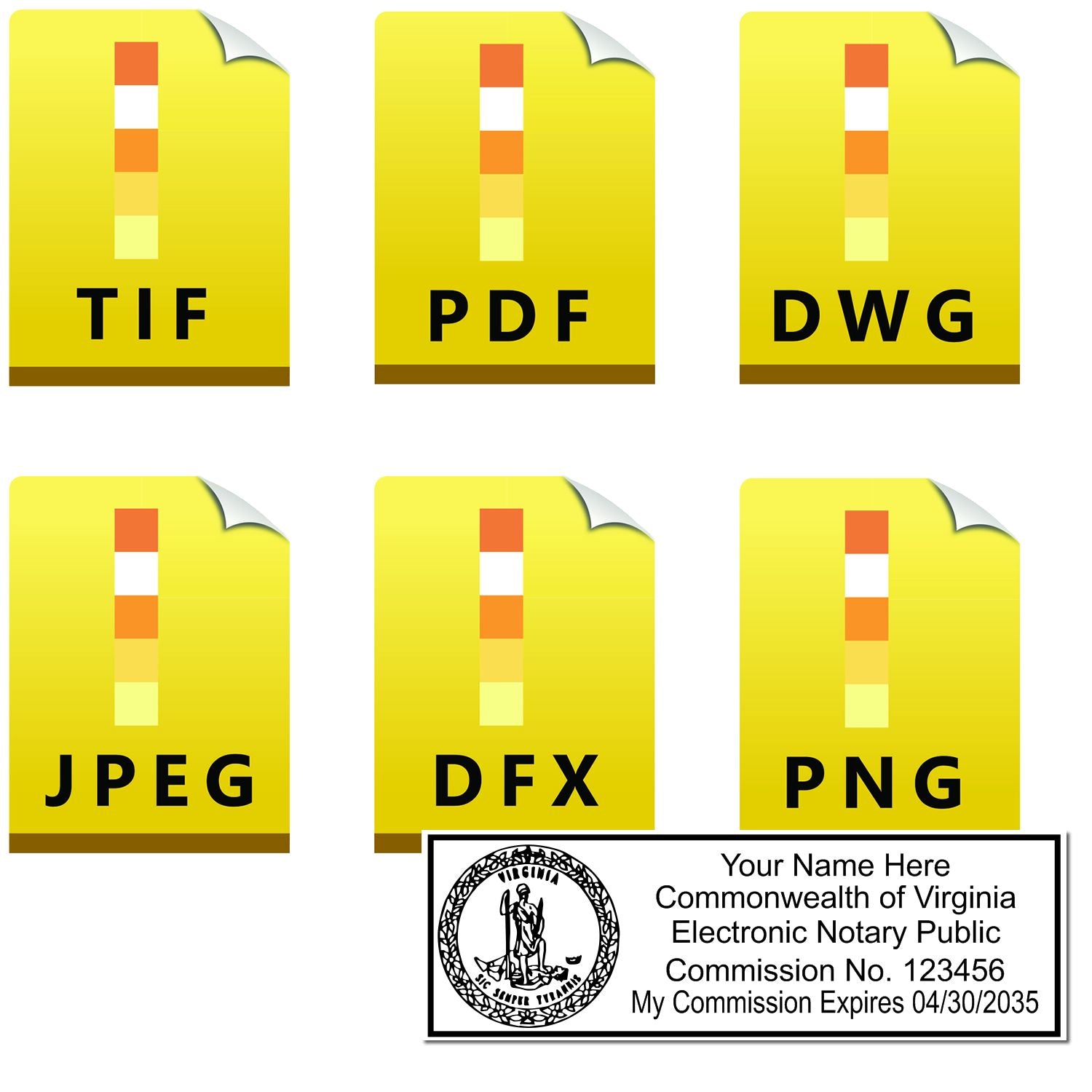 The main image for the Virginia Rectangular Digital Notary Seal depicting a sample of the imprint and electronic files