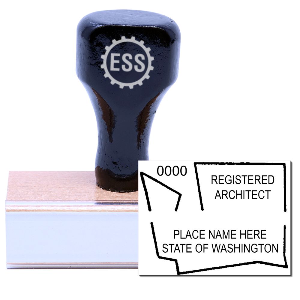 Washington Architect Seal Stamp with a wooden handle and rubber base, featuring the text Registered Architect, Place Name Here, State of Washington.