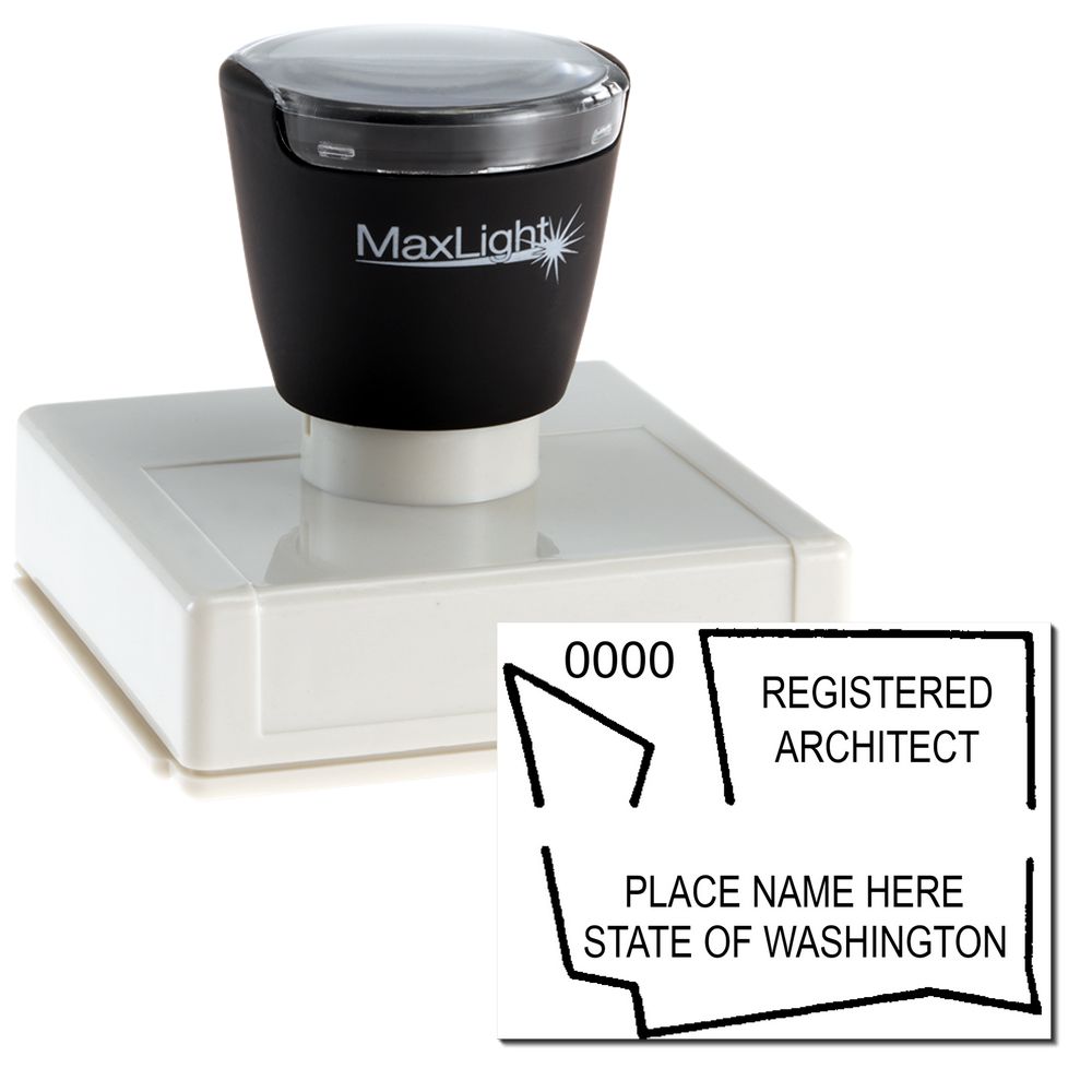 Premium MaxLight Pre-Inked Washington Architectural Stamp, black and white, with a sample imprint showing "Registered Architect" and "State of Washington."