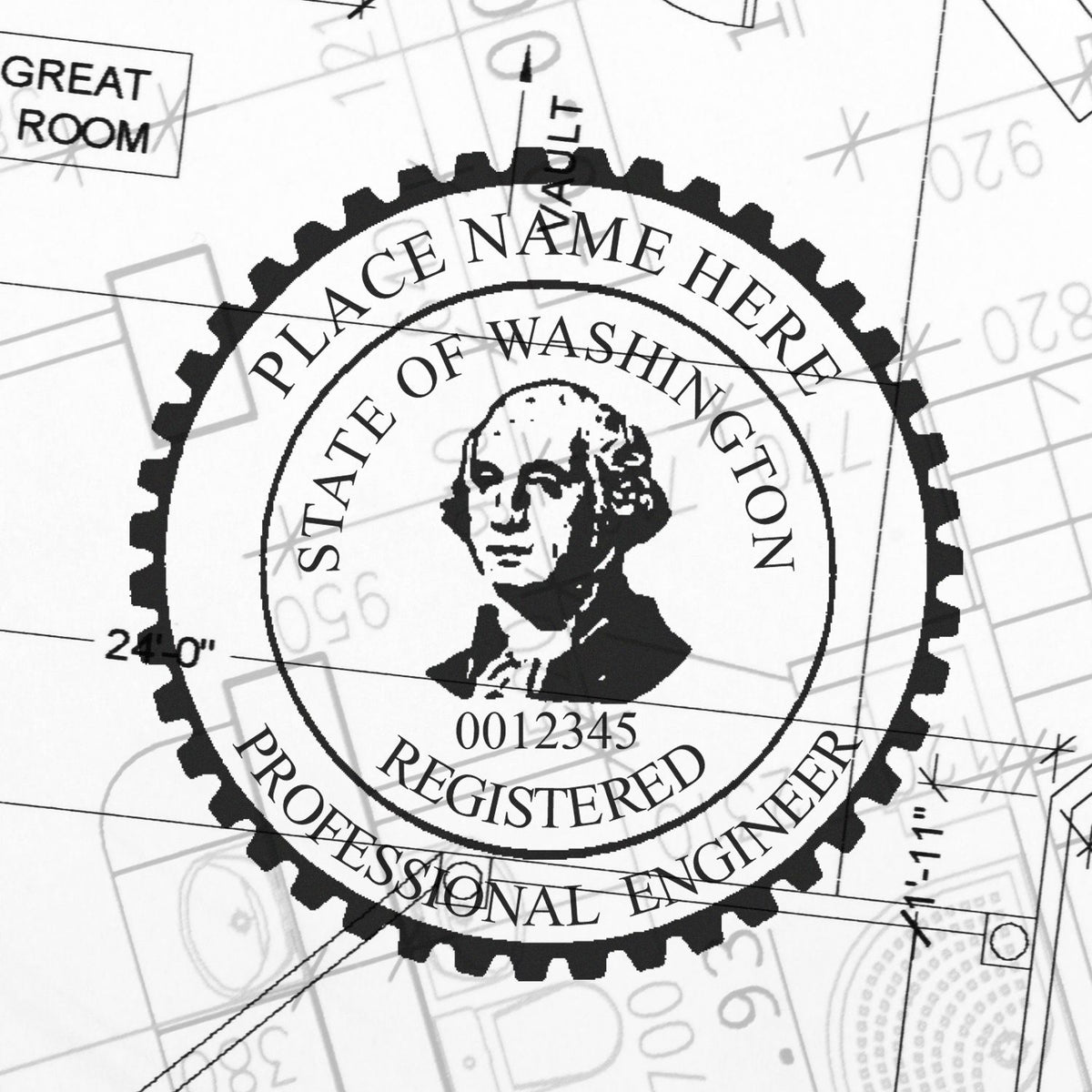 A lifestyle photo showing a stamped image of the Slim Pre-Inked Washington Professional Engineer Seal Stamp on a piece of paper