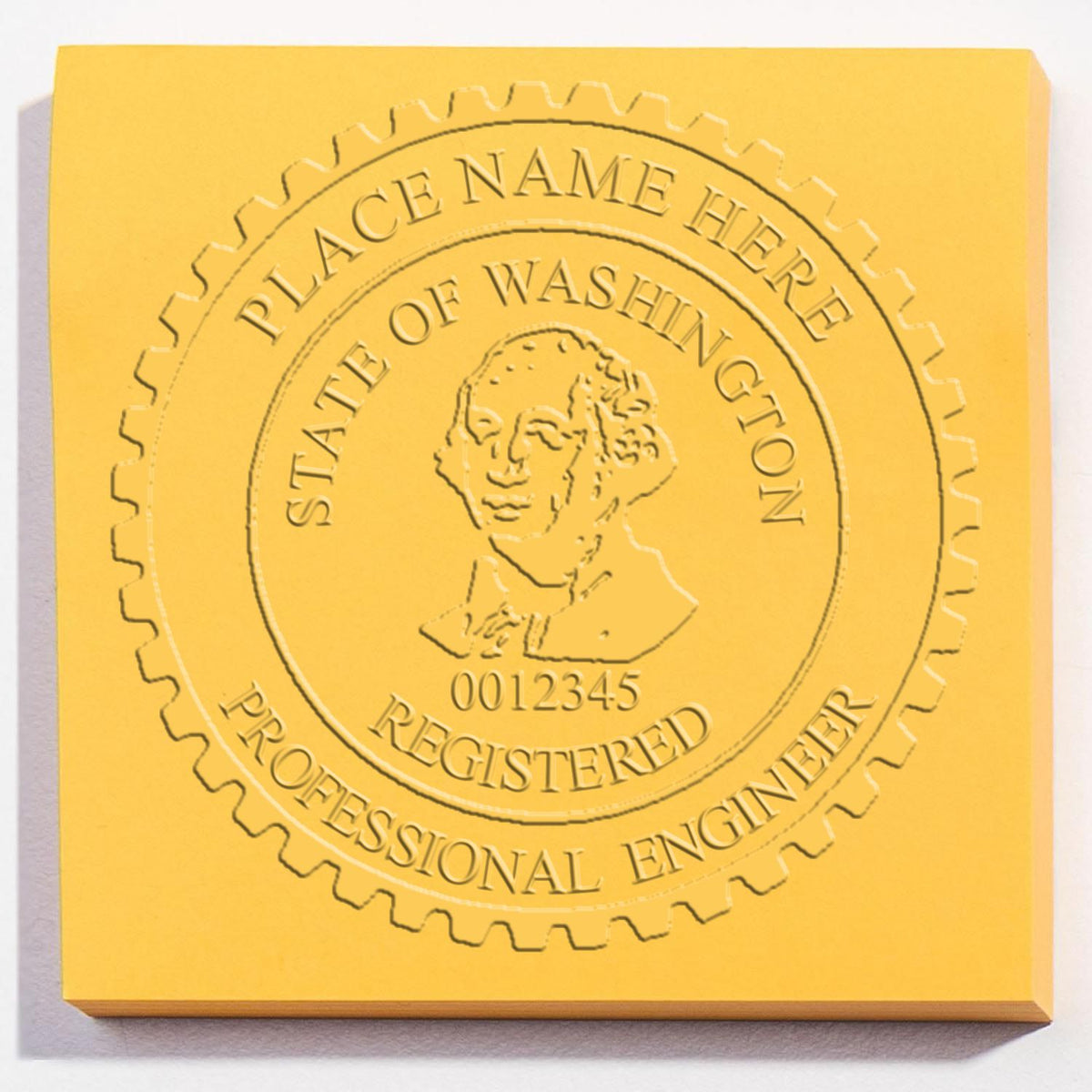 An alternative view of the Heavy Duty Cast Iron Washington Engineer Seal Embosser stamped on a sheet of paper showing the image in use