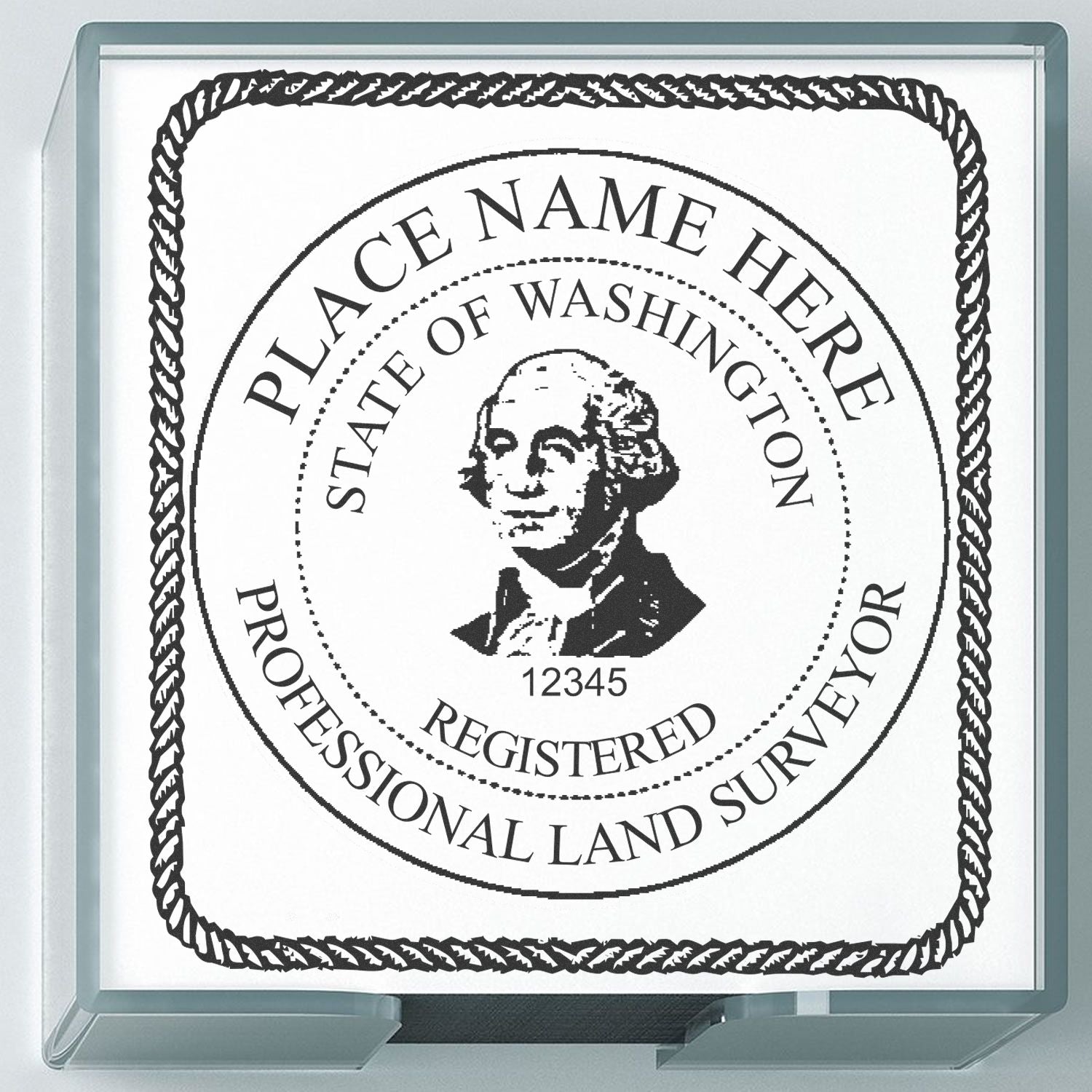 Washington Land Surveyor Seal Stamp, WA PLS Stamp with a circular design featuring George Washington's portrait and customizable text.
