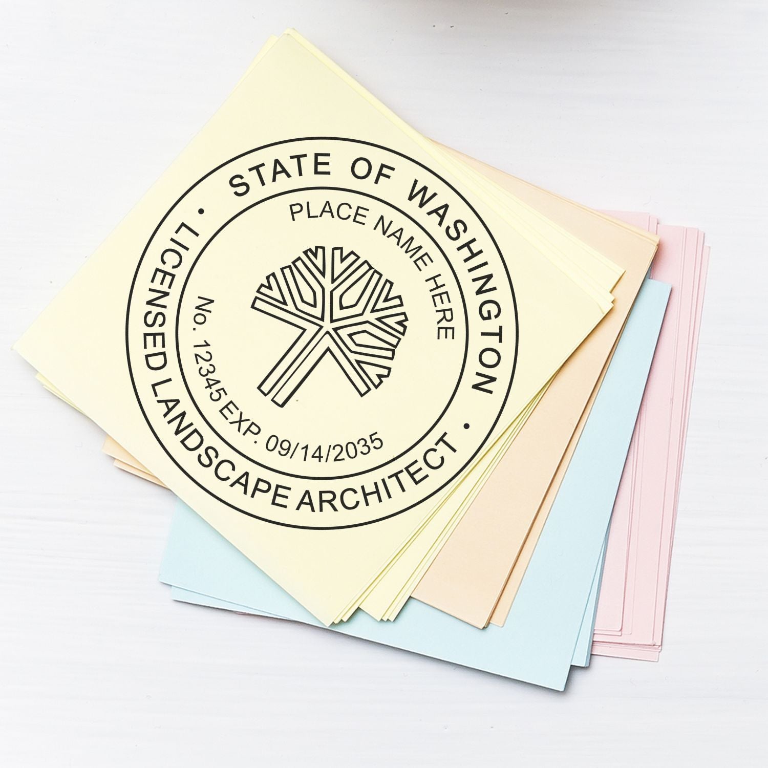 The main image for the Self-Inking Washington Landscape Architect Stamp depicting a sample of the imprint and electronic files