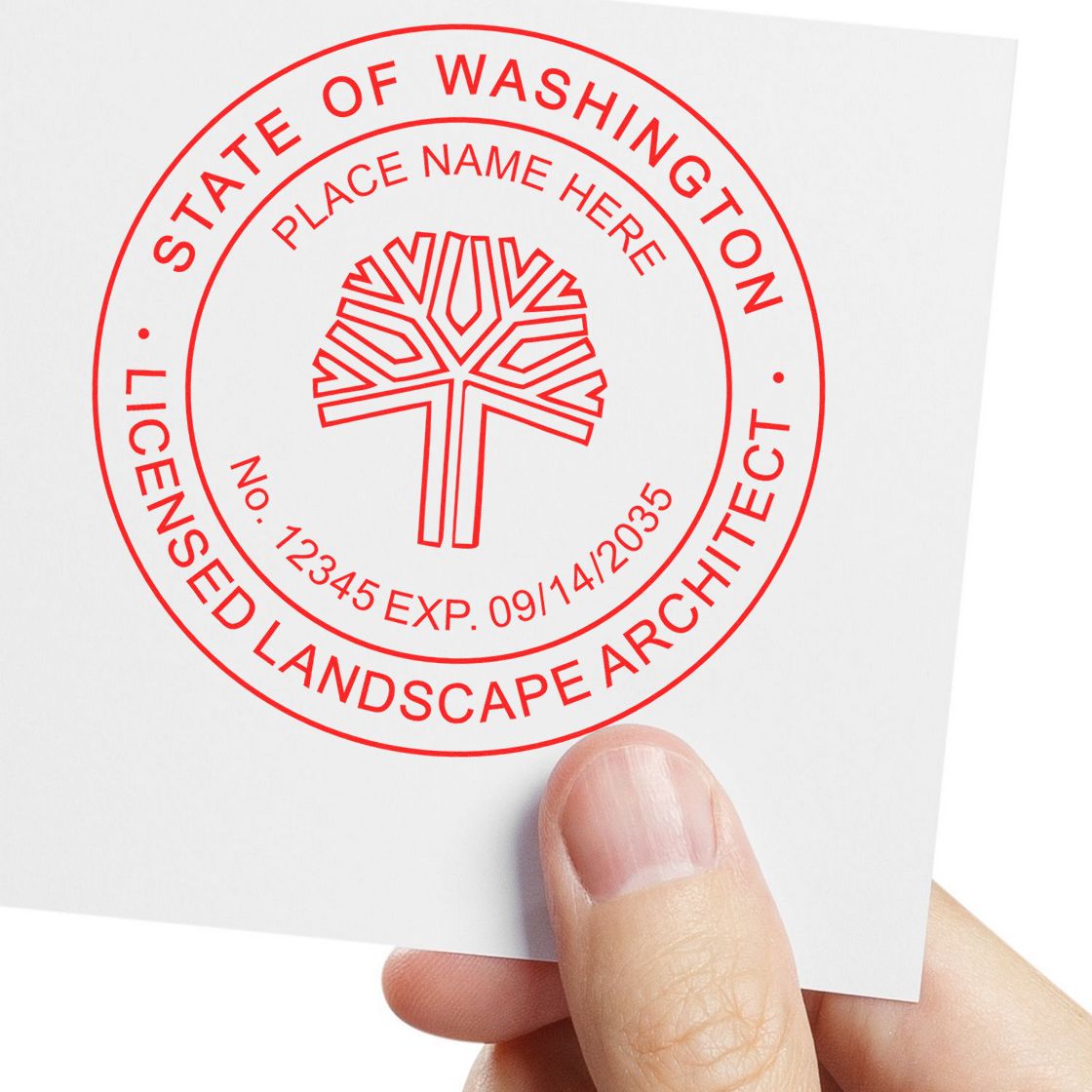 An alternative view of the Premium MaxLight Pre-Inked Washington Landscape Architectural Stamp stamped on a sheet of paper showing the image in use