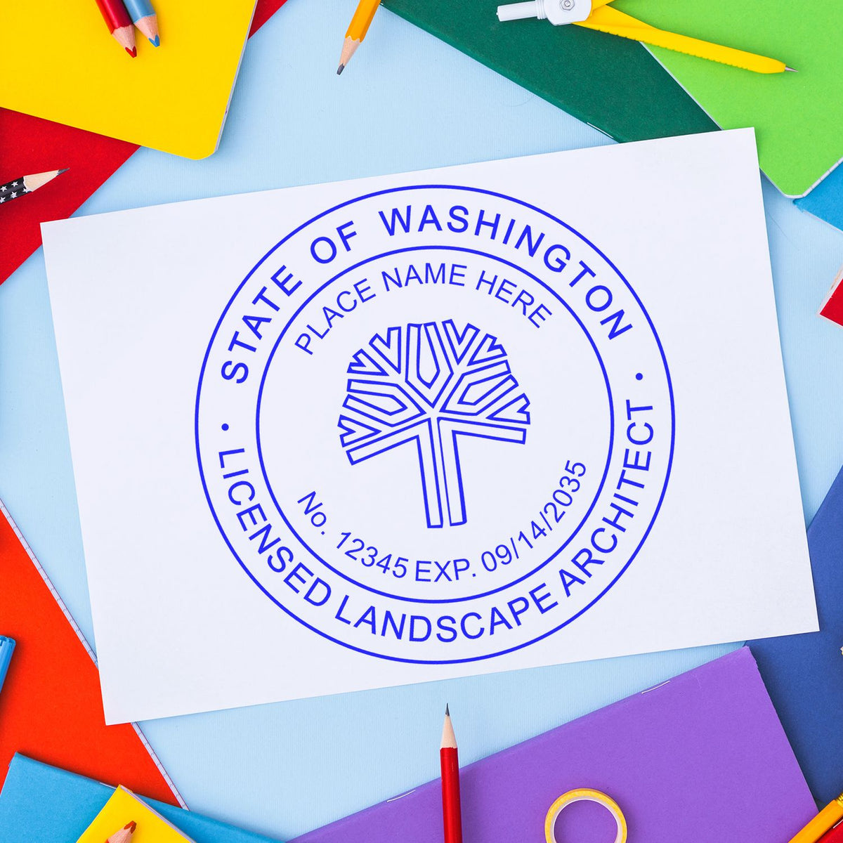 The Premium MaxLight Pre-Inked Washington Landscape Architectural Stamp stamp impression comes to life with a crisp, detailed photo on paper - showcasing true professional quality.