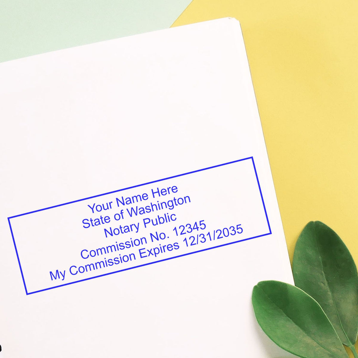 This paper is stamped with a sample imprint of the Slim Pre-Inked Rectangular Notary Stamp for Washington, signifying its quality and reliability.