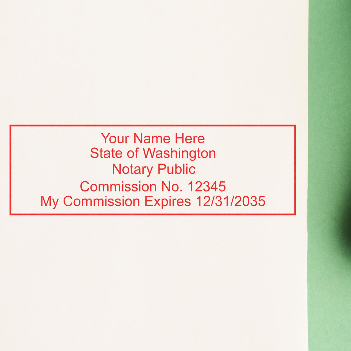 The Heavy-Duty Washington Rectangular Notary Stamp stamp impression comes to life with a crisp, detailed photo on paper - showcasing true professional quality.