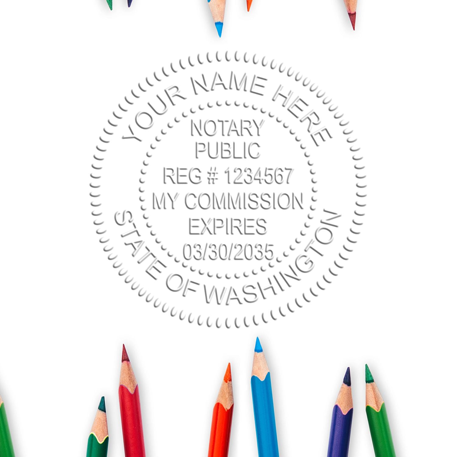 A photograph of the Washington Desk Notary Public Seal stamp impression reveals a vivid, professional image of the on paper.
