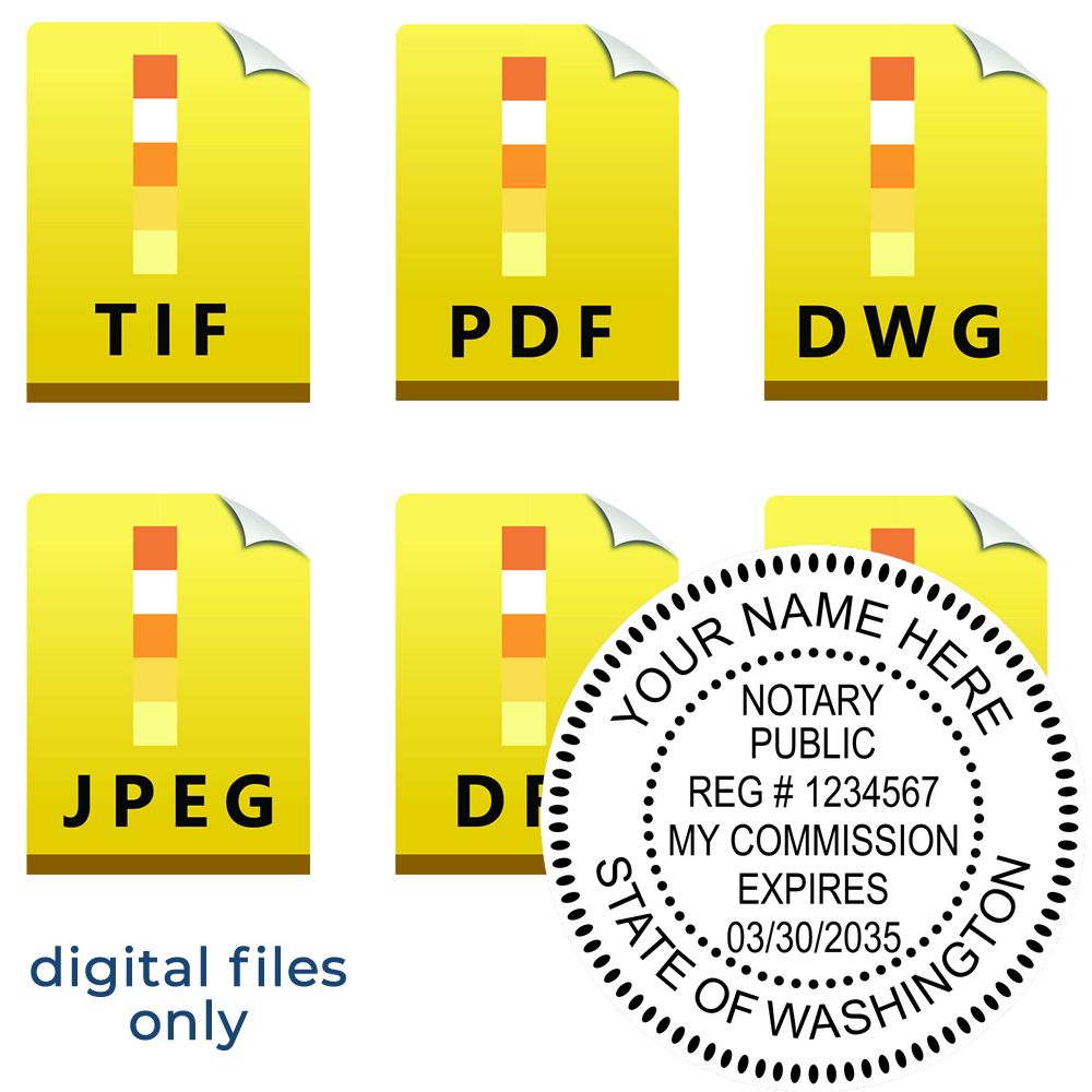 The main image for the Washington Round Electronic Notary Stamp depicting a sample of the imprint and electronic files