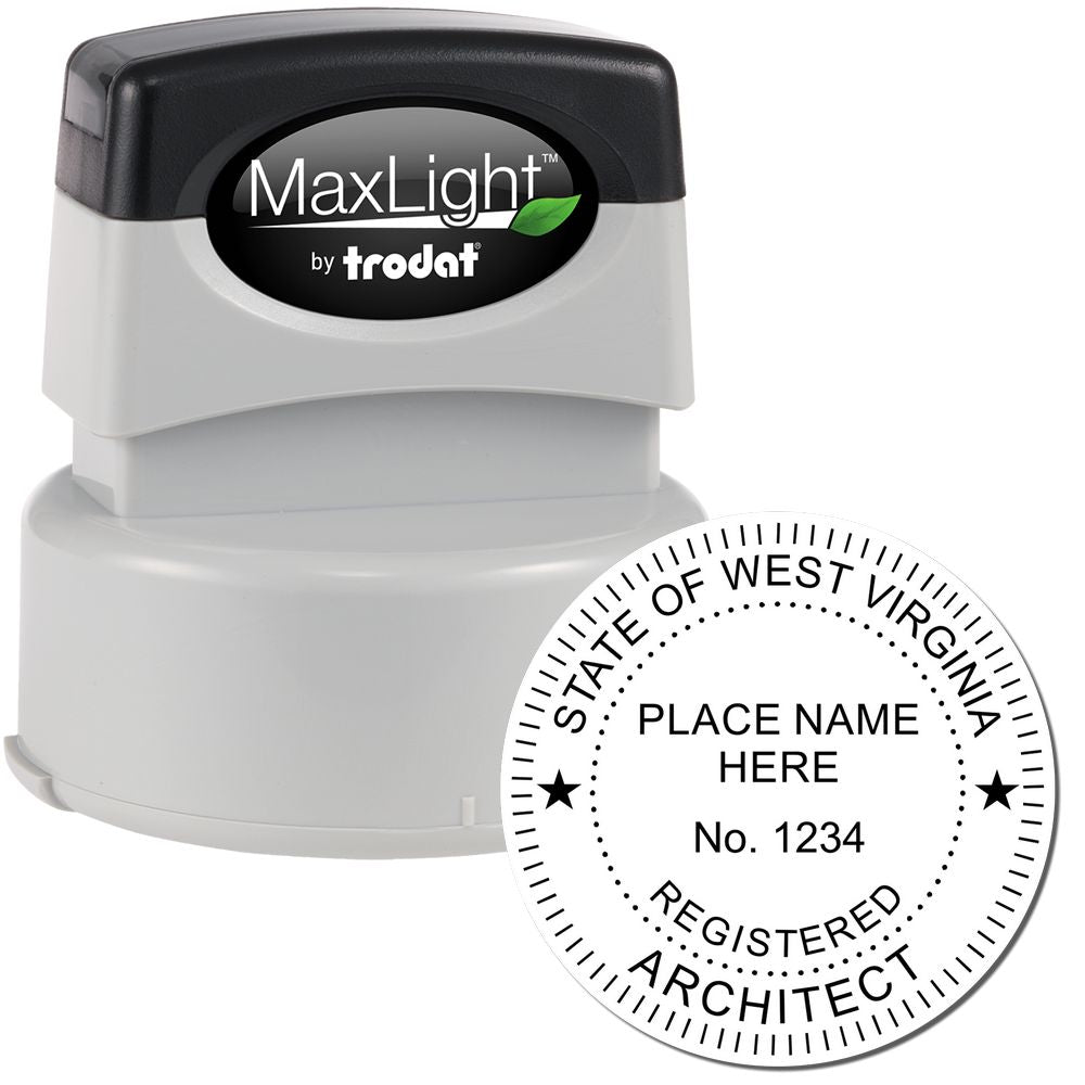 Premium MaxLight Pre-Inked West Virginia Architectural Stamp with a round imprint design and customizable text for registered architects.