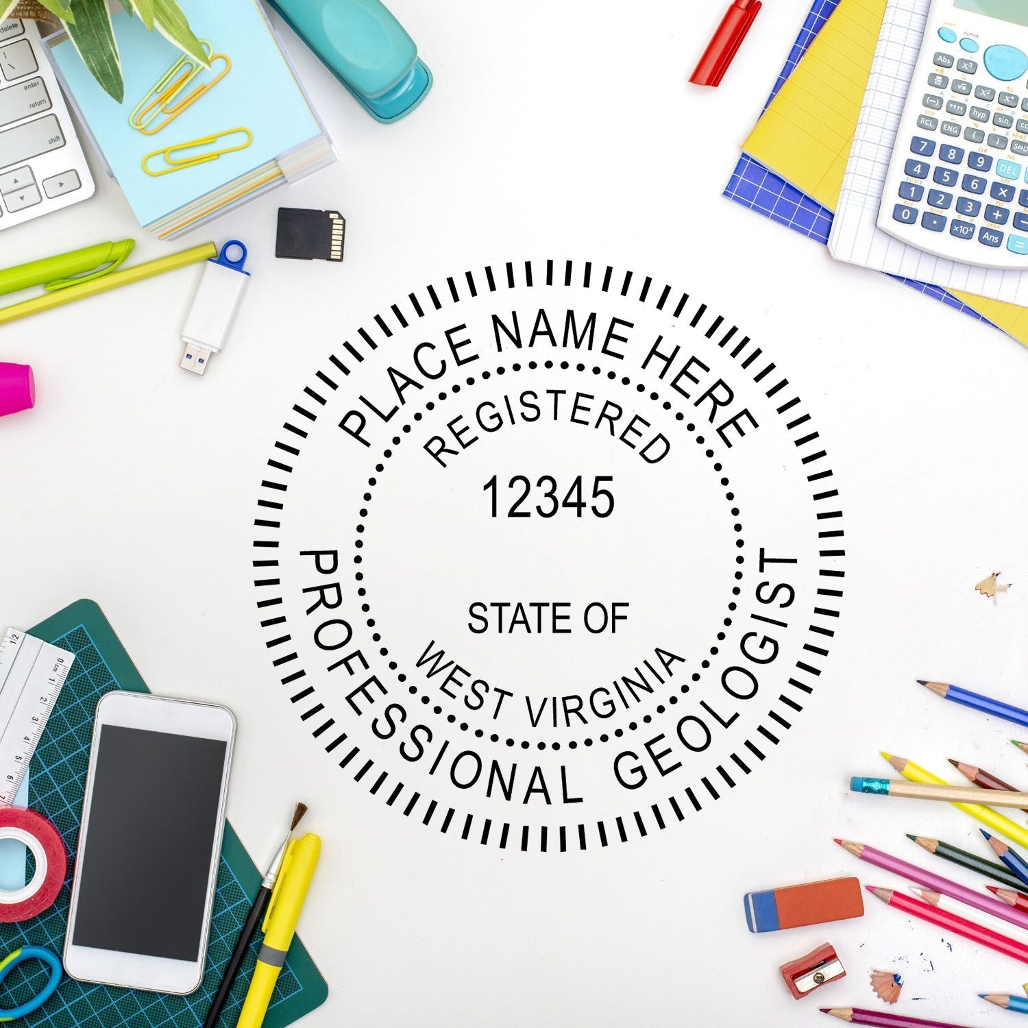 A lifestyle photo showing a stamped image of the Self-Inking West Virginia Geologist Stamp on a piece of paper