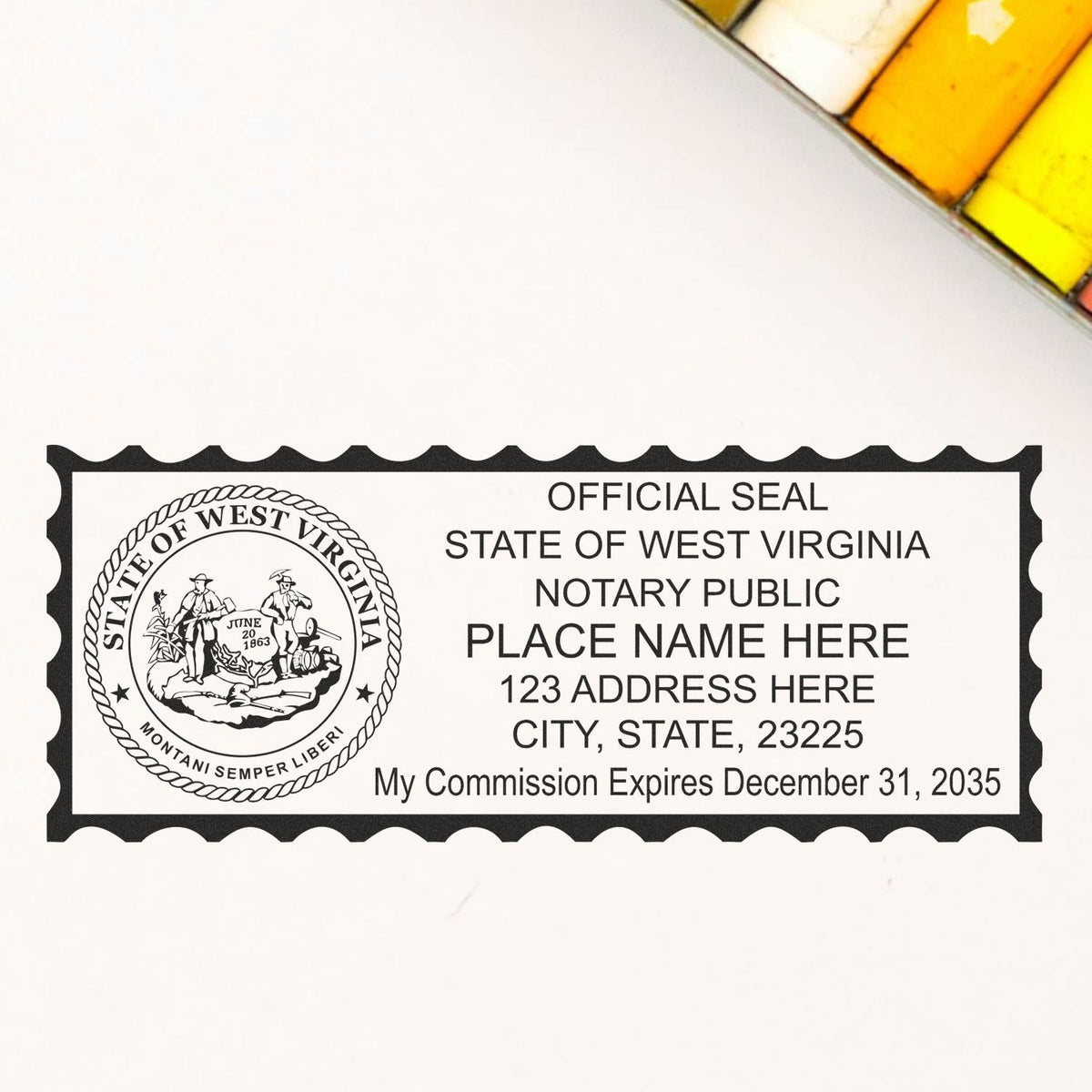 A lifestyle photo showing a stamped image of the Heavy-Duty West Virginia Rectangular Notary Stamp on a piece of paper