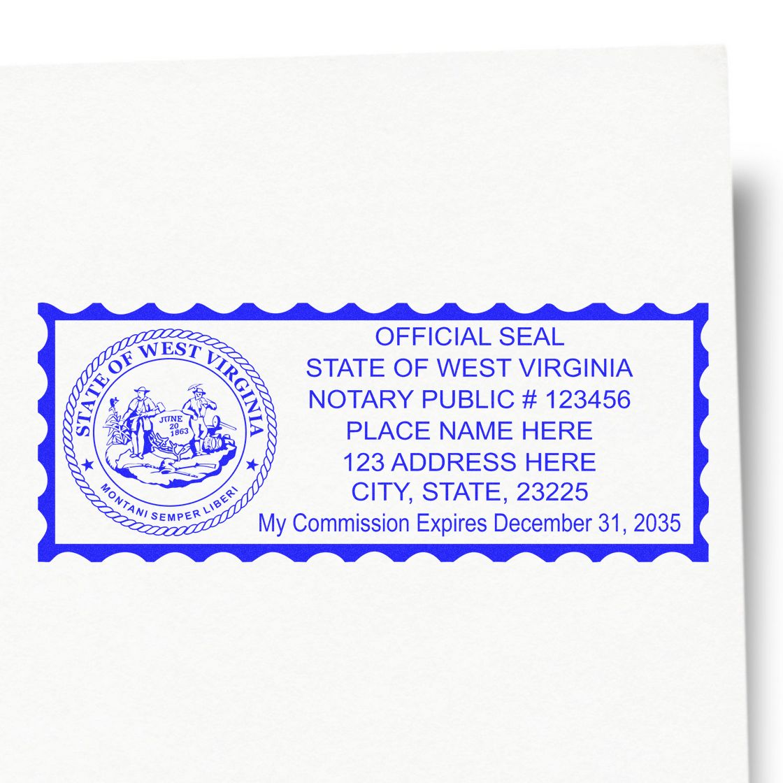 An alternative view of the Heavy-Duty West Virginia Rectangular Notary Stamp stamped on a sheet of paper showing the image in use