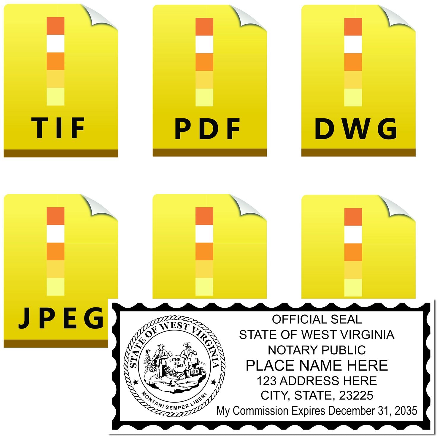 The main image for the West Virginia Rectangular Digital Notary Seal depicting a sample of the imprint and electronic files