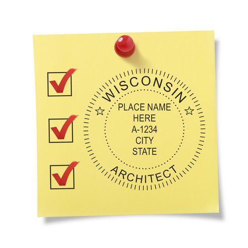 Yellow sticky note with red checkmarks and a Premium MaxLight Pre-Inked Wisconsin Architectural Stamp imprint, pinned with a red pushpin.