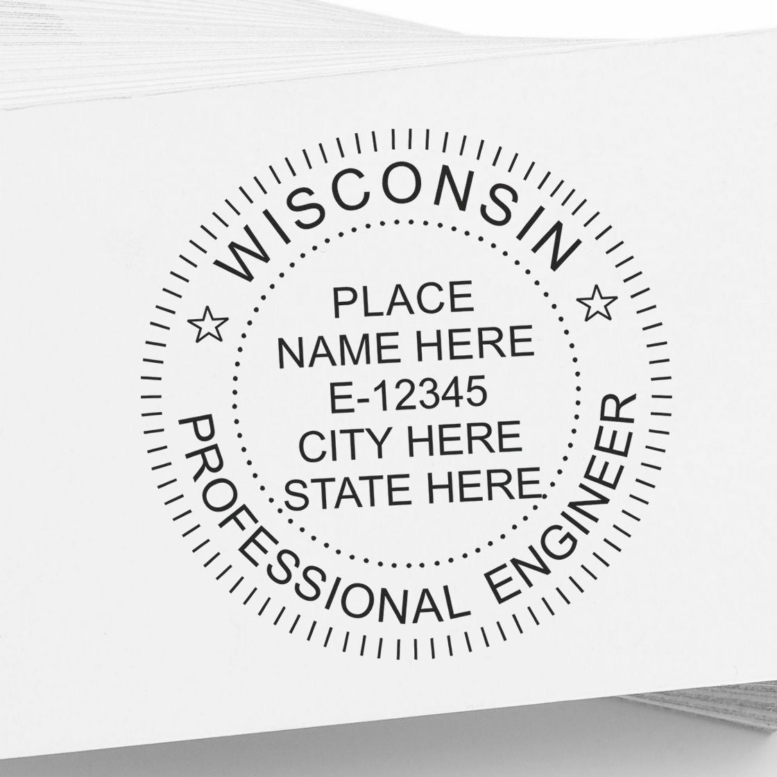 A lifestyle photo showing a stamped image of the Slim Pre-Inked Wisconsin Professional Engineer Seal Stamp on a piece of paper